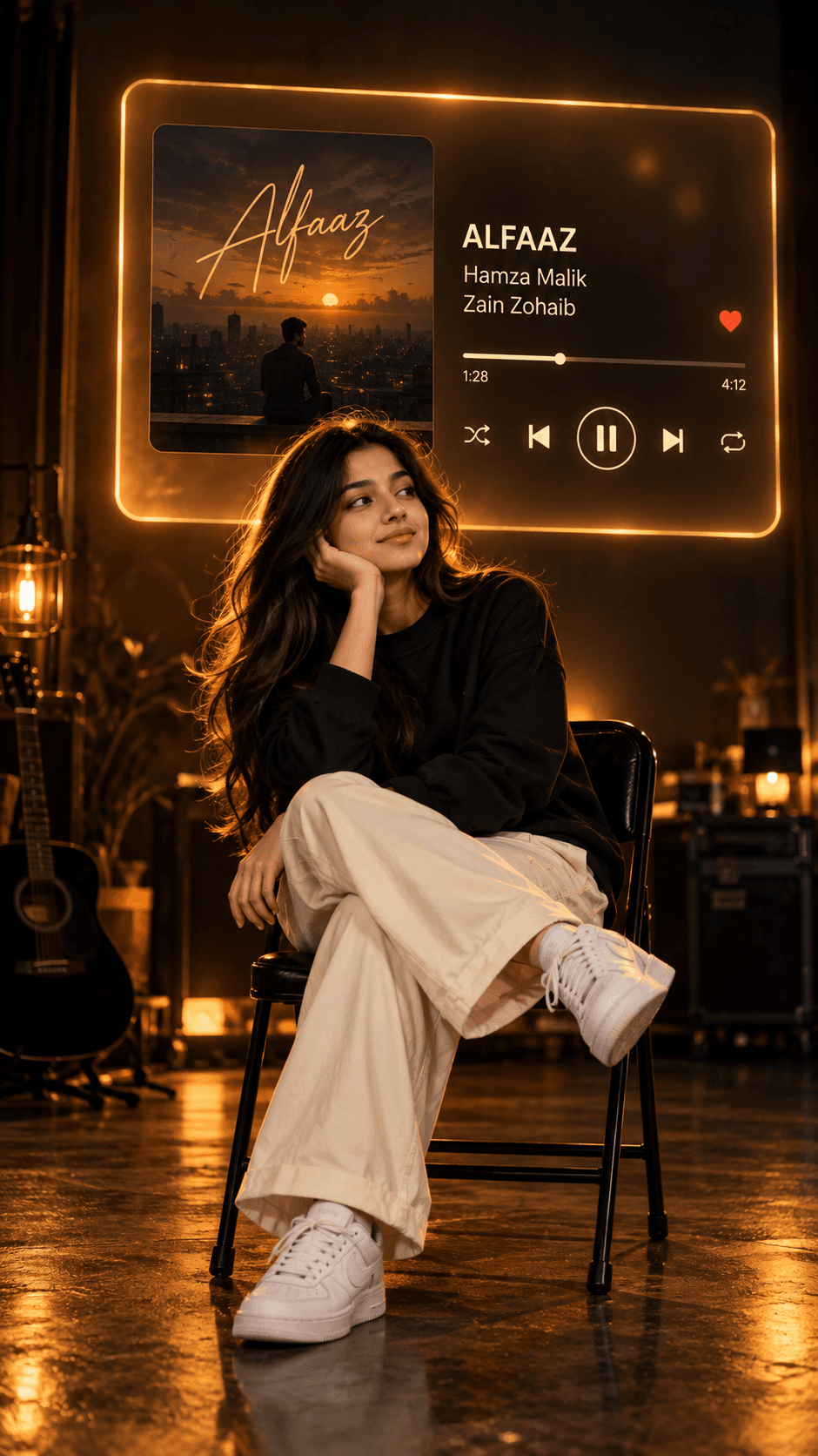 Young South Asian person seated in black chair with amber music panel, black top, cream trousers and white sneakers.
