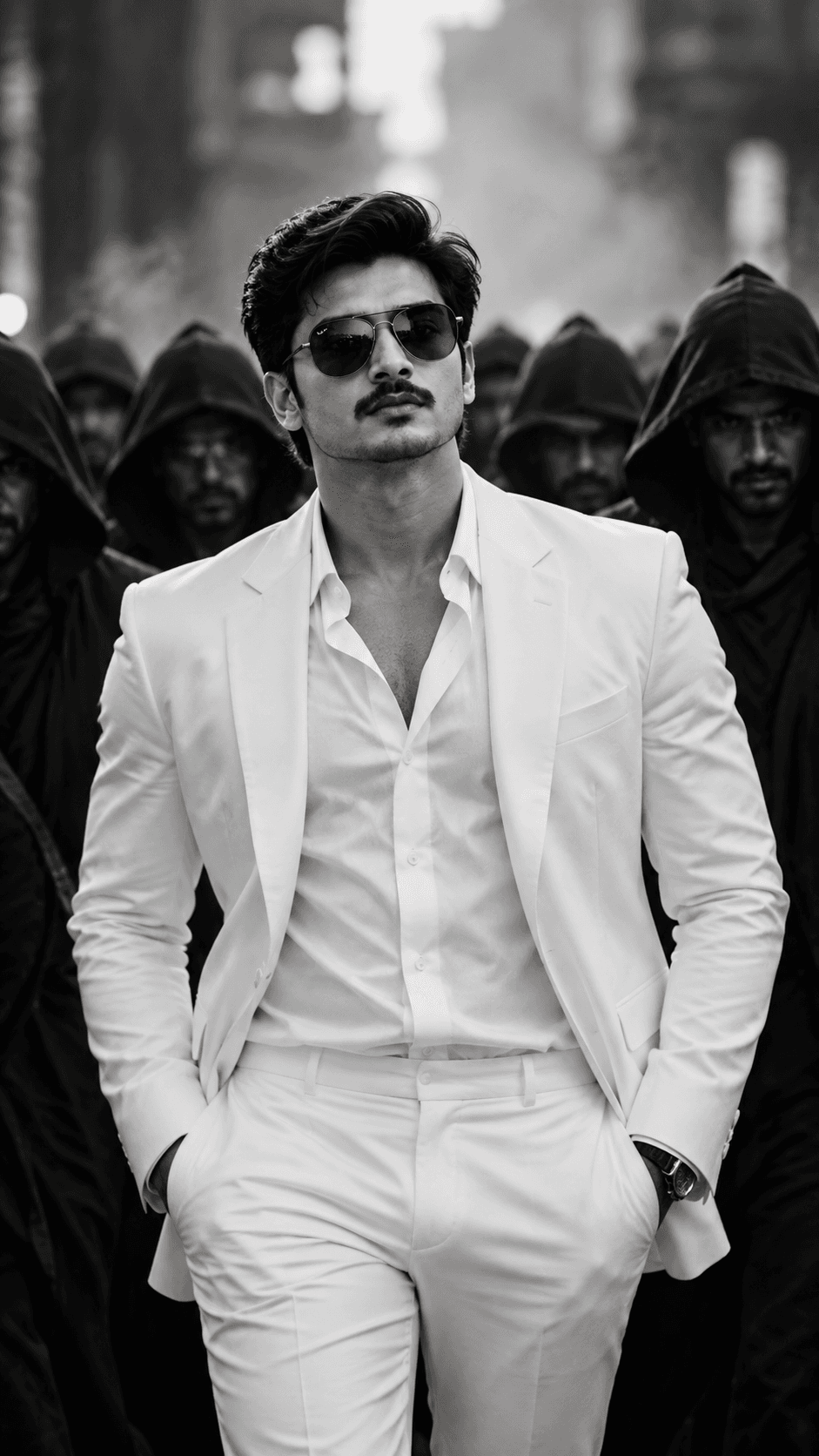 Stylish young South Asian man in white blazer and sunglasses standing before hooded men in dramatic black and white lighting.