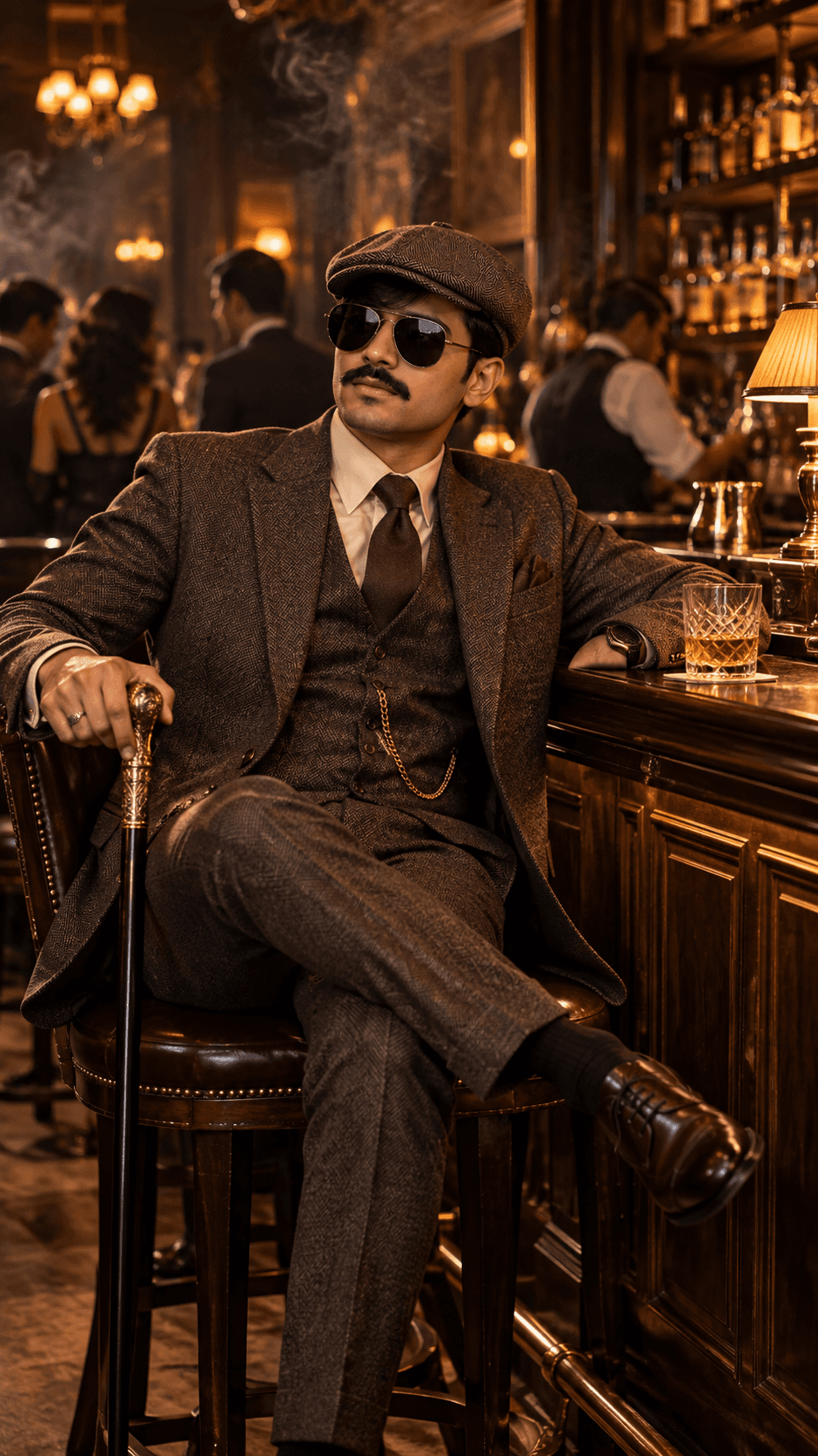Young man in a charcoal-brown three-piece suit and flat cap sitting at a dark wooden speakeasy bar with an amber drink.