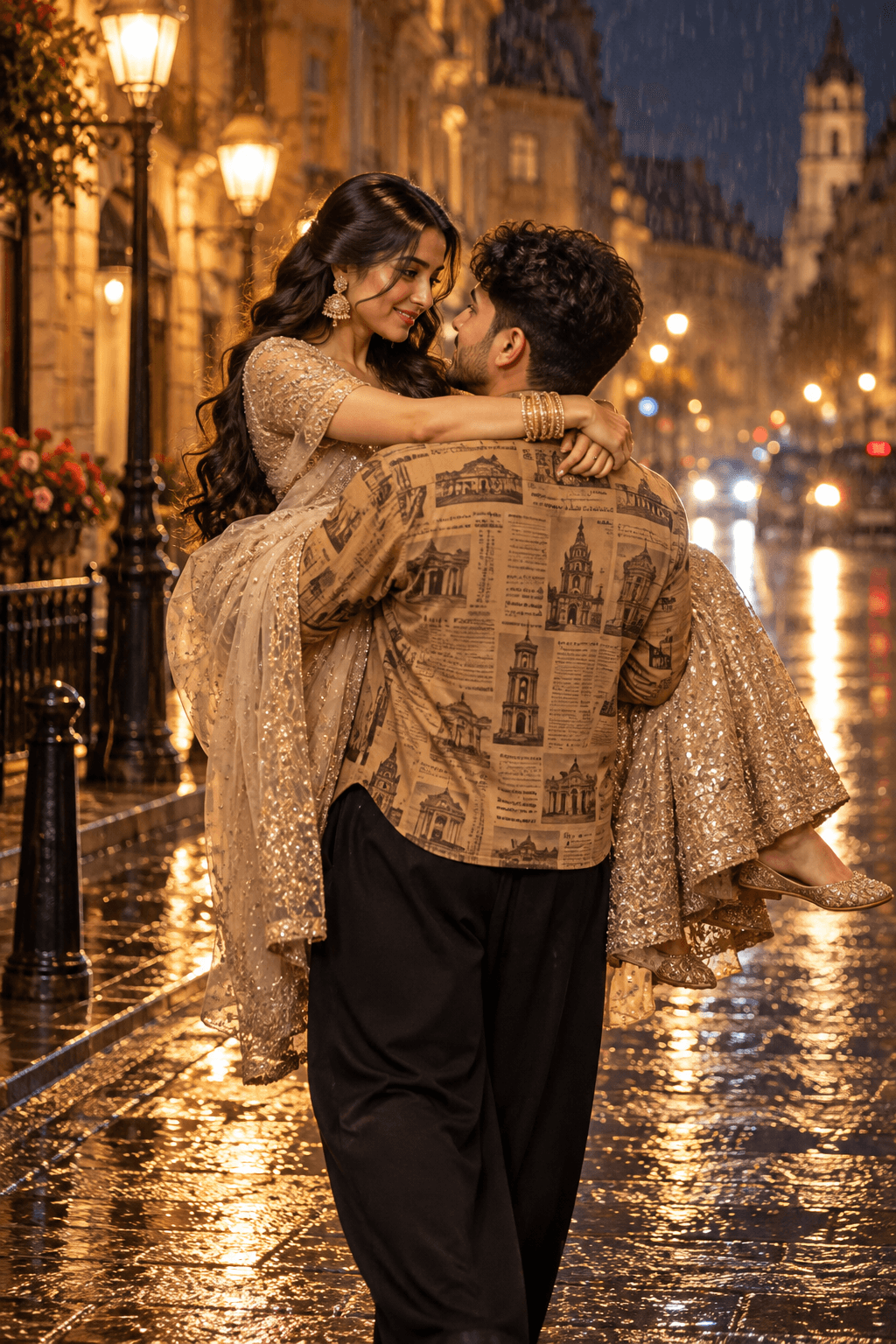 Young South Asian couple embracing on a wet European street at night, with her champagne-gold lehenga and his mustard-tan shirt.