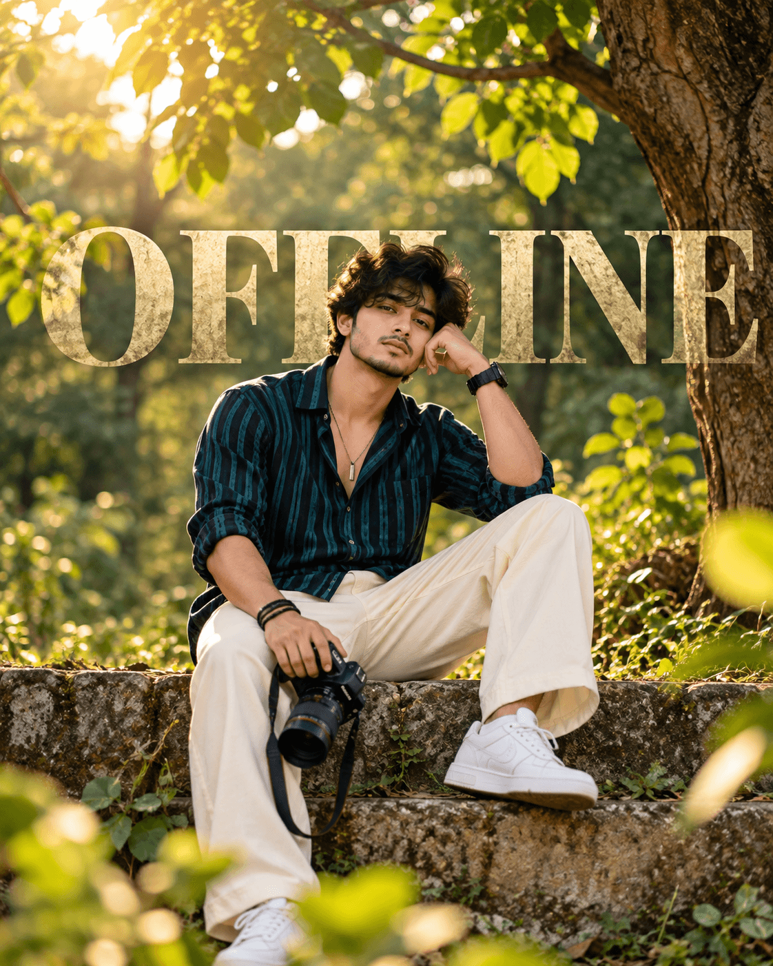 Male model in a teal striped shirt and cream trousers sitting beneath a tree with “OFFLINE” text in a lush green setting.