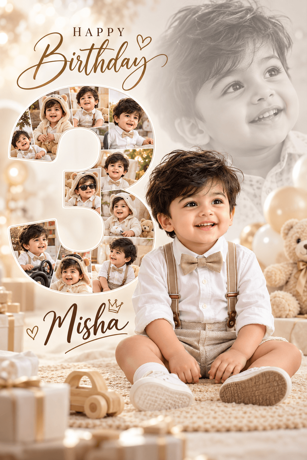 Cute Indian baby boy in white outfit with bow tie beside a photo-filled number 3 birthday collage on a beige studio background.