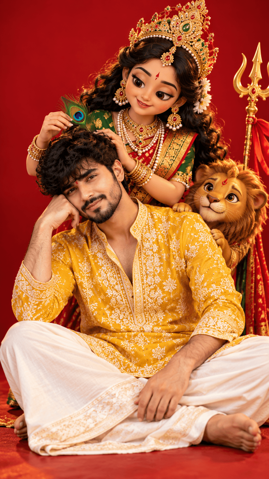 Indian man in a yellow kurta with a cute 3D Goddess Durga behind him on a royal red background