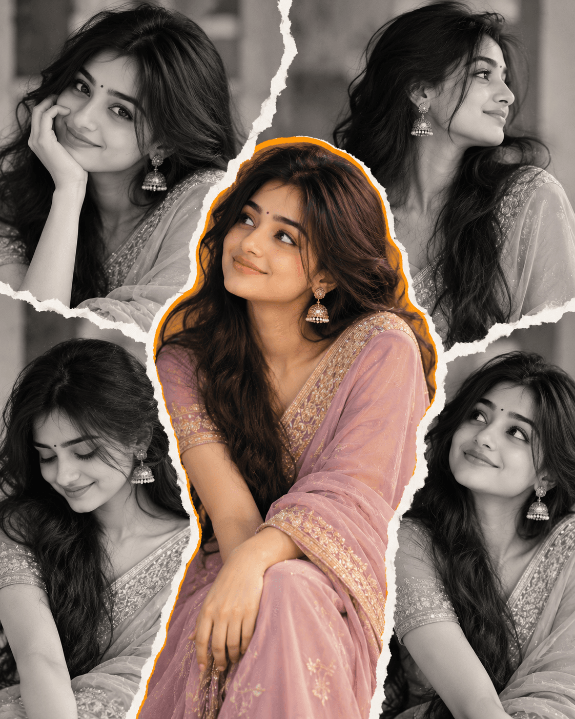 Indian woman in a pastel saree shown in a five-photo torn-paper collage with one colour portrait and four monochrome portraits