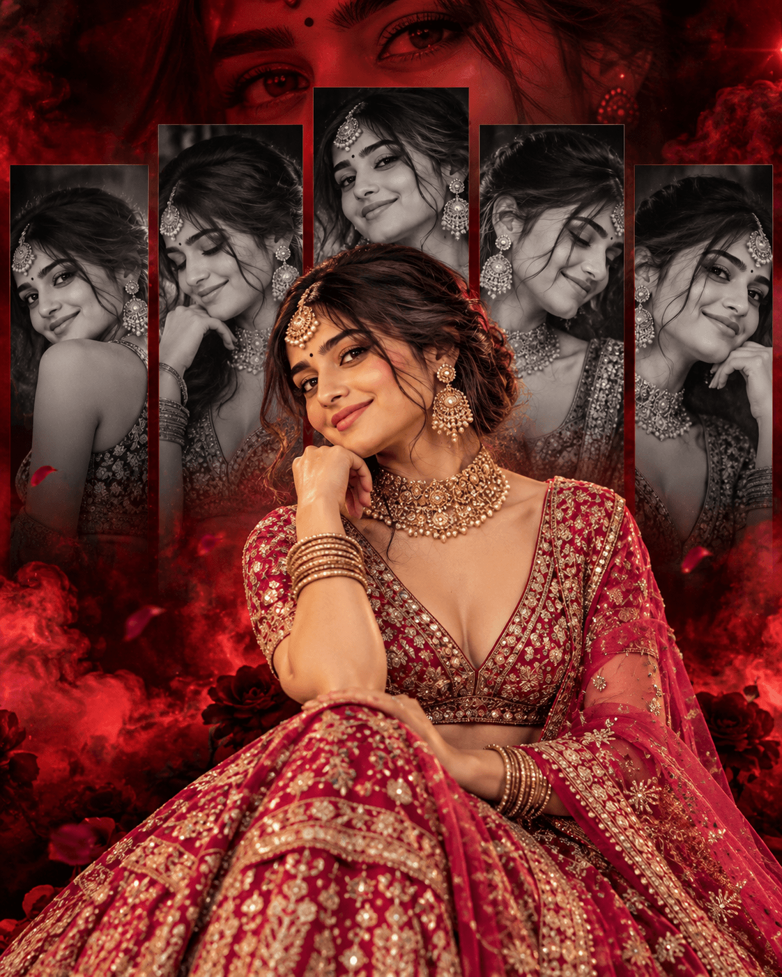 Indian woman wearing a magenta-red embroidered lehenga with gold jewelry in a cinematic five-panel red poster collage