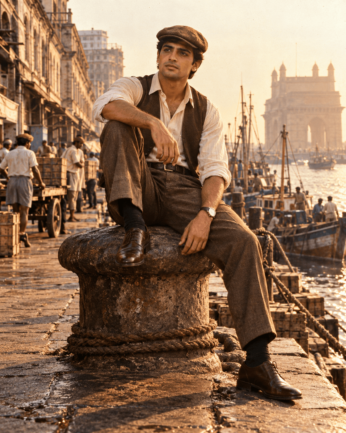 Fictional Indian cricketer in a brown flat cap and vintage waistcoat sitting on a stone bollard at a hazy Mumbai harbor.