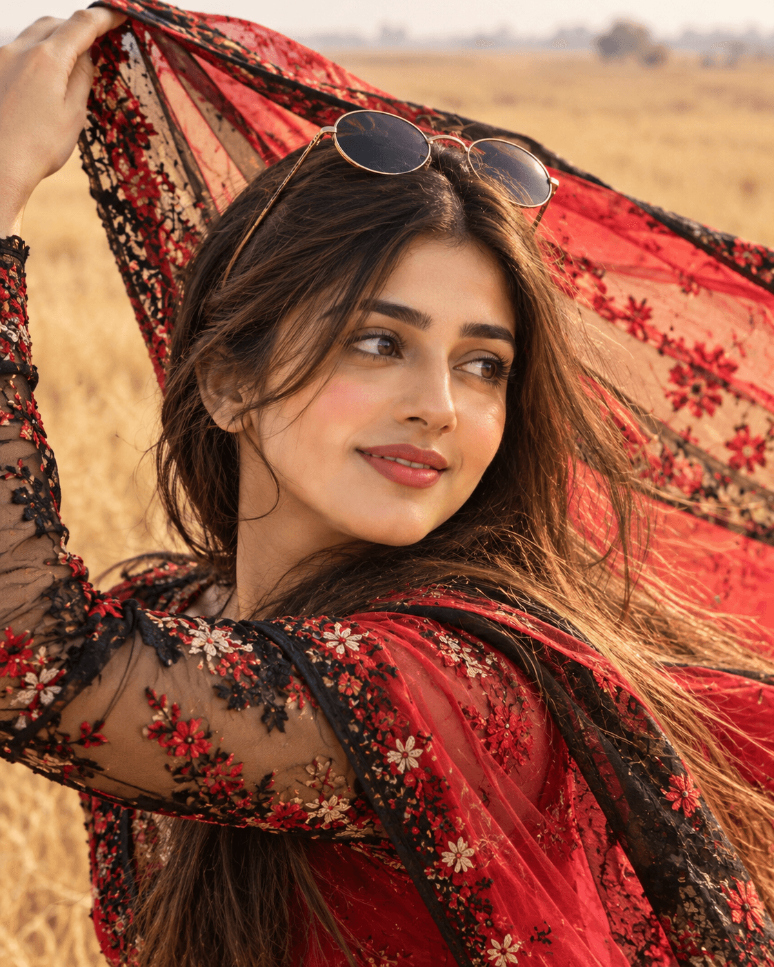 Woman in a red and black embroidered traditional dress with a flowing dupatta against a golden dry grass field.