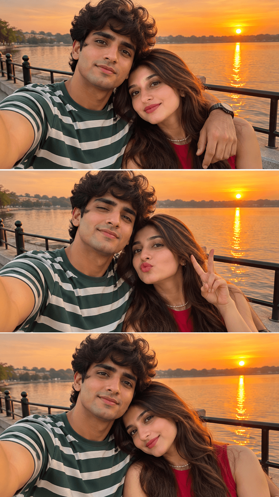 Three stacked sunset selfies of a couple in striped and red tops beside a lakeside railing with golden reflections.