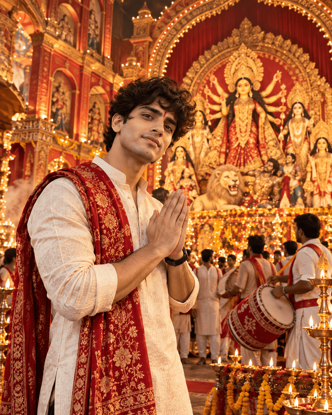 Young man in an ivory kurta and red-gold chunri praying with joined palms before an illuminated Durga Puja pandal in Kolkata.