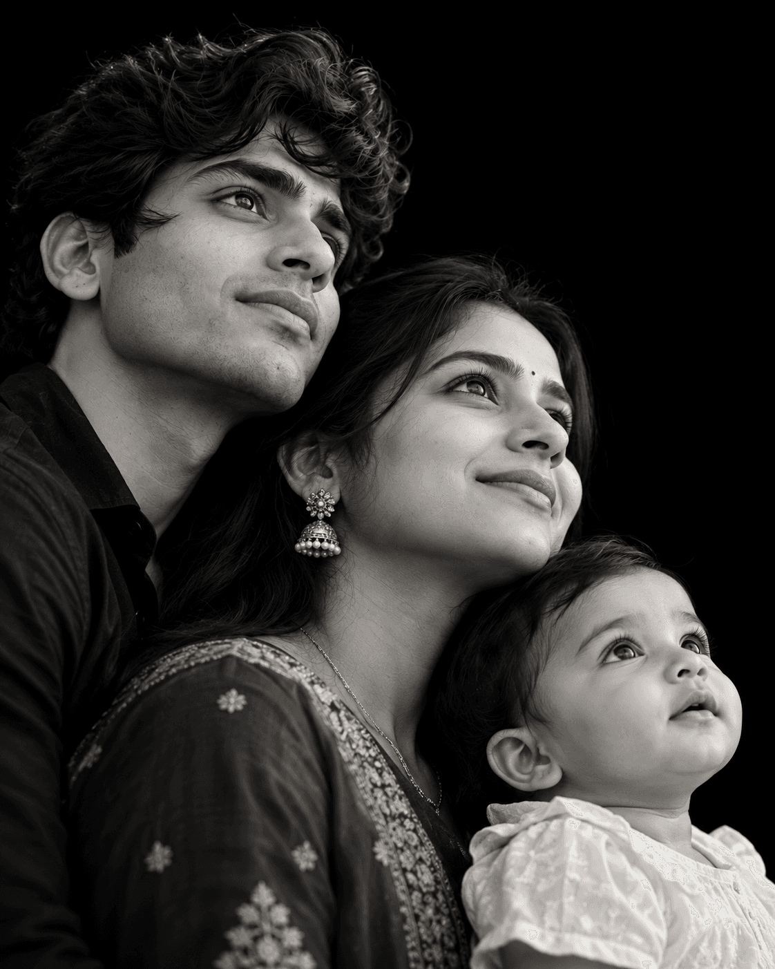Black-and-white fine-art portrait of a father, mother, and baby arranged in overlapping profiles against a pure black background.