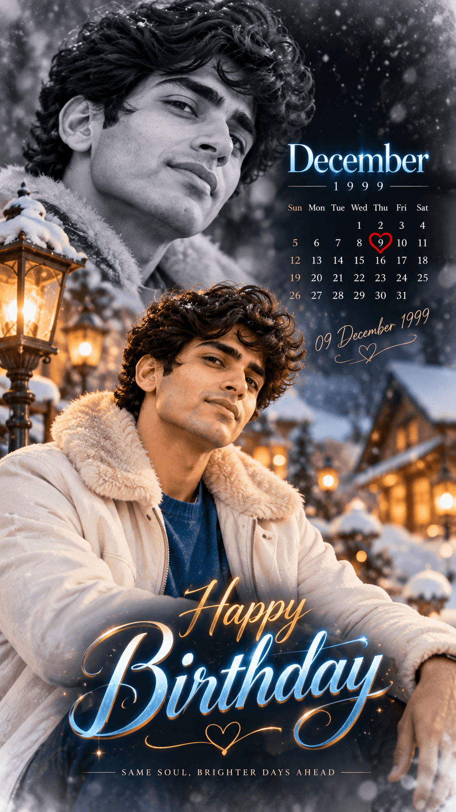 Birthday poster featuring a man in a cream fur-collar jacket, a faded monochrome portrait, snowy scenery, and blue-gold lettering.