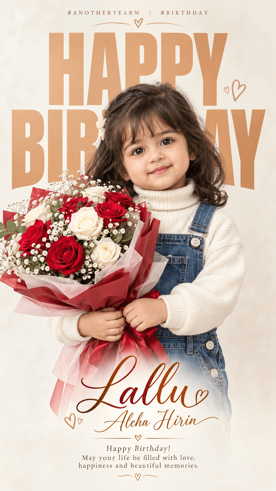 Toddler girl in denim dungarees holding red and white roses against an off-white birthday poster with beige lettering.