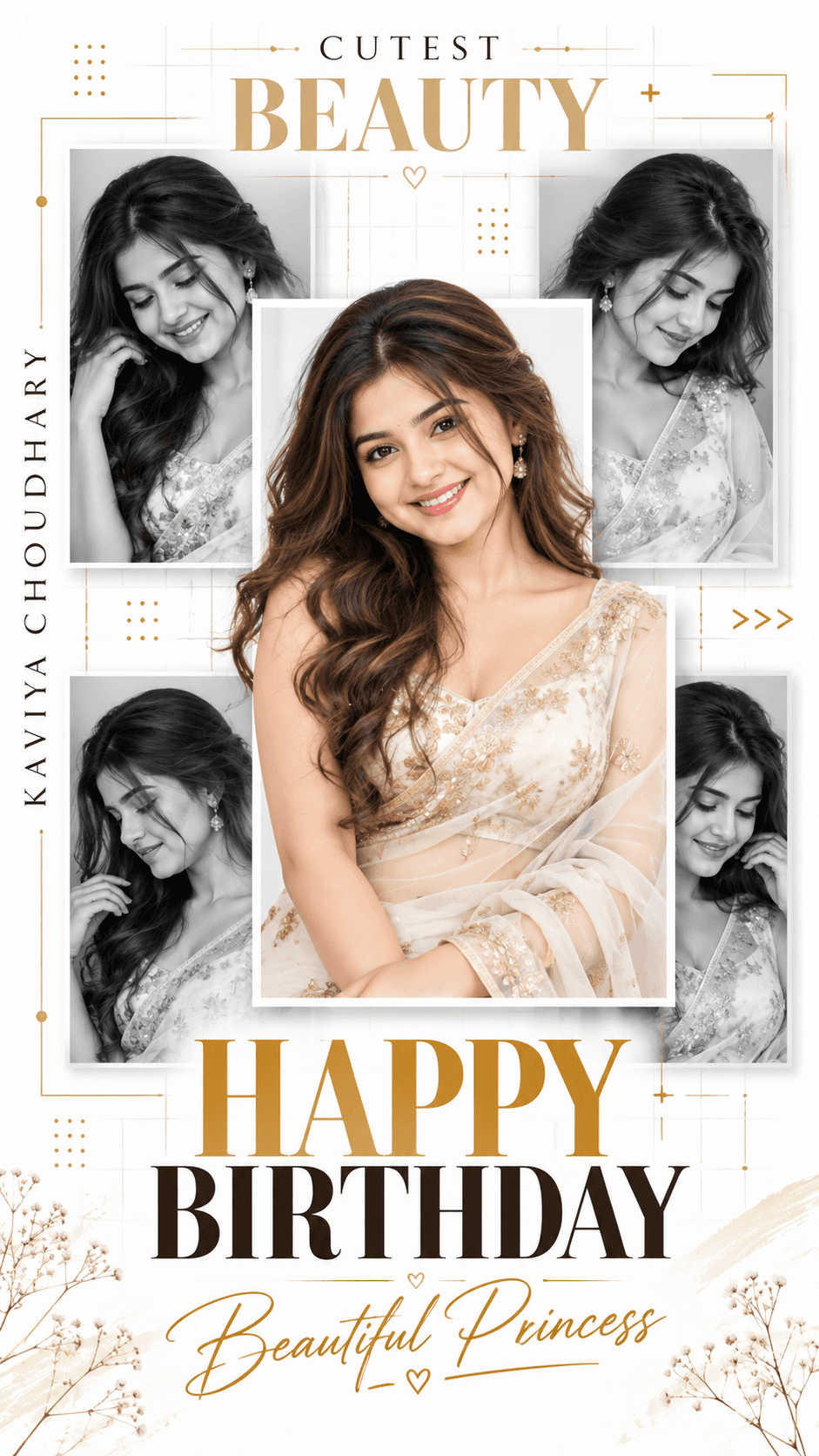 Birthday collage with a smiling woman in an embroidered ivory saree, surrounded by four monochrome portraits on a white graphic background.