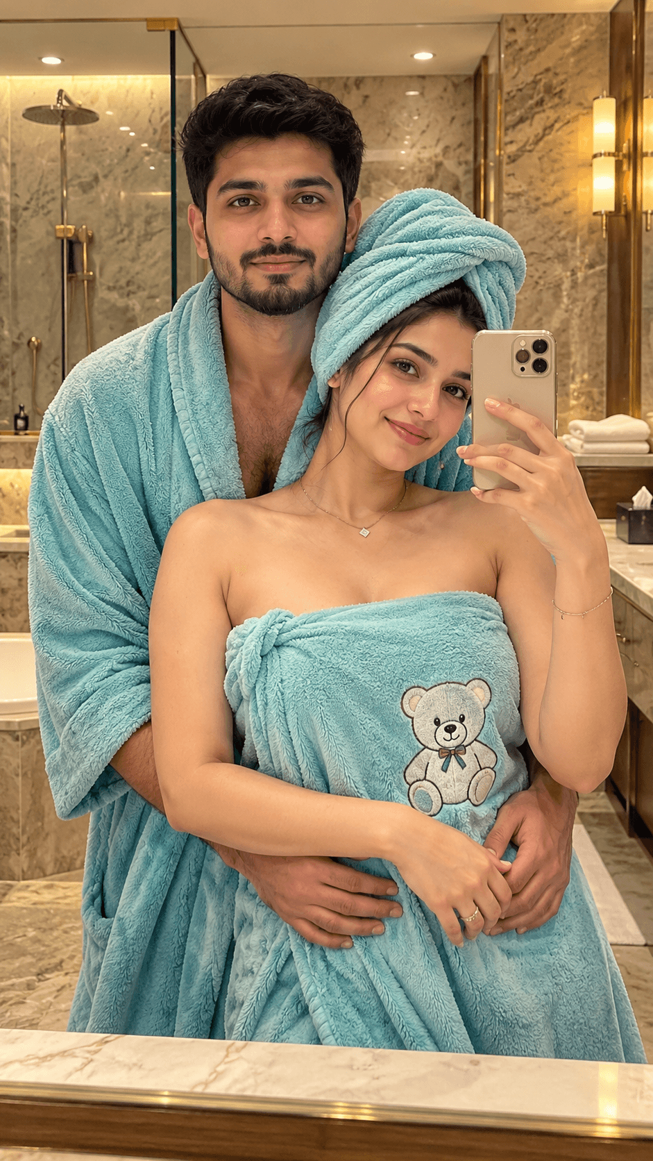 Couple posing for a mirror selfie in matching aqua-blue towels in a luxury marble bathroom with warm lighting.