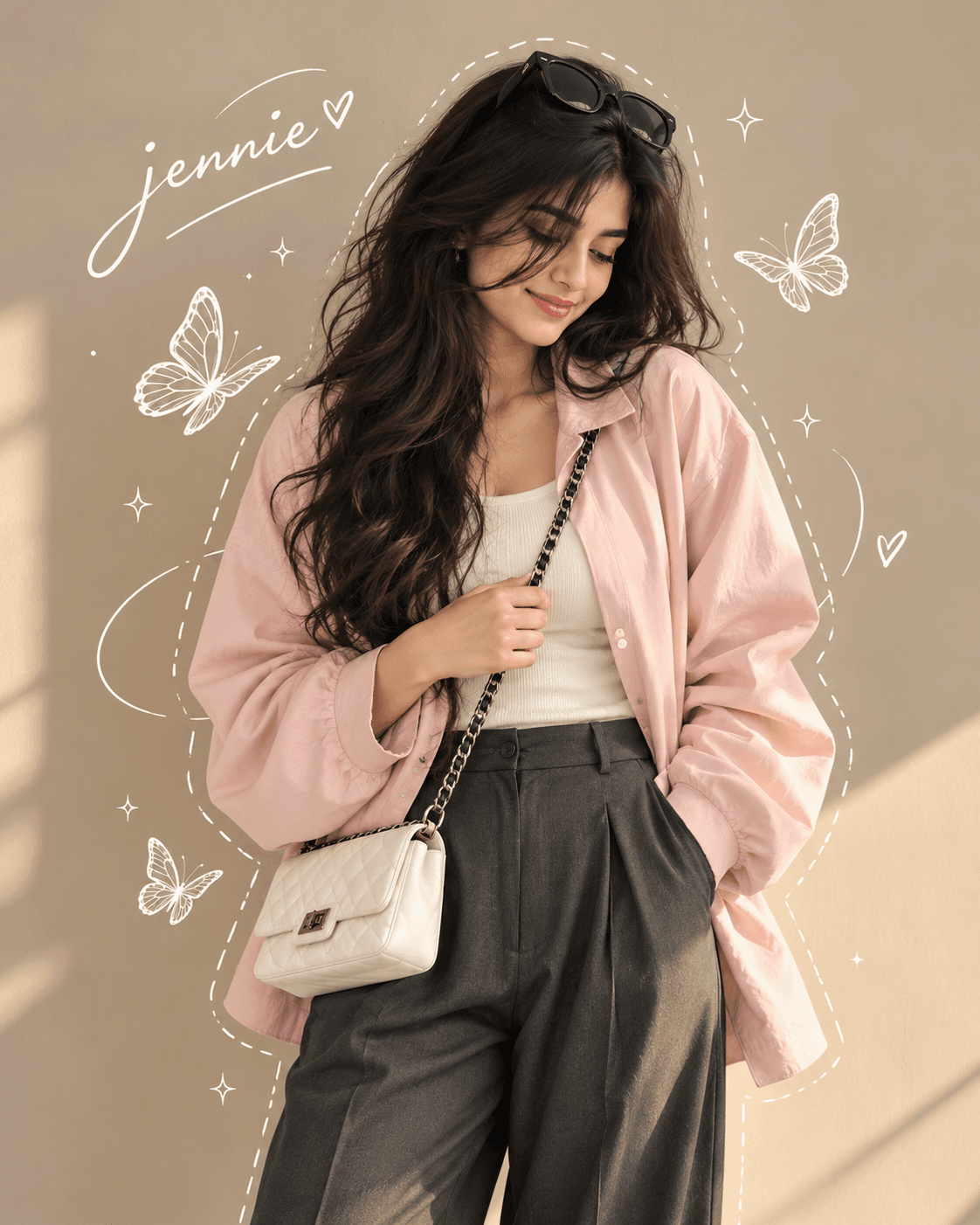 Young woman in a blush-pink jacket and charcoal trousers with a white quilted bag, butterfly doodles and a beige background.