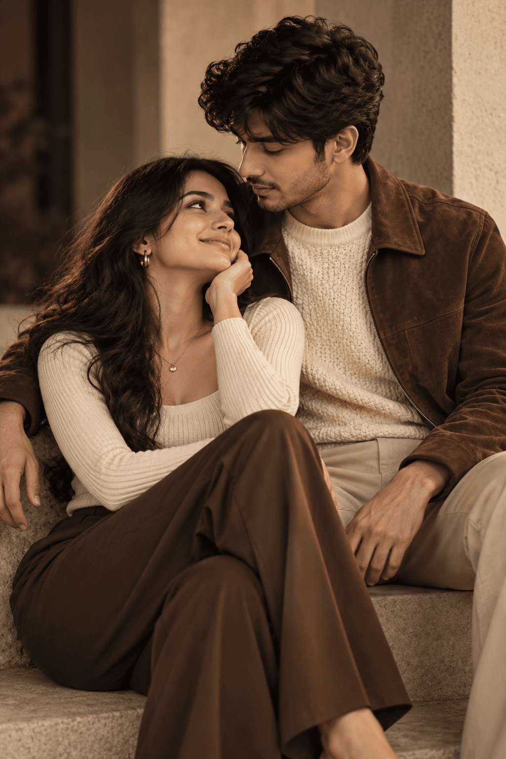 A South Asian couple in coordinated cream knitwear and brown tailored outfits styled for a romantic quiet-luxury portrait.