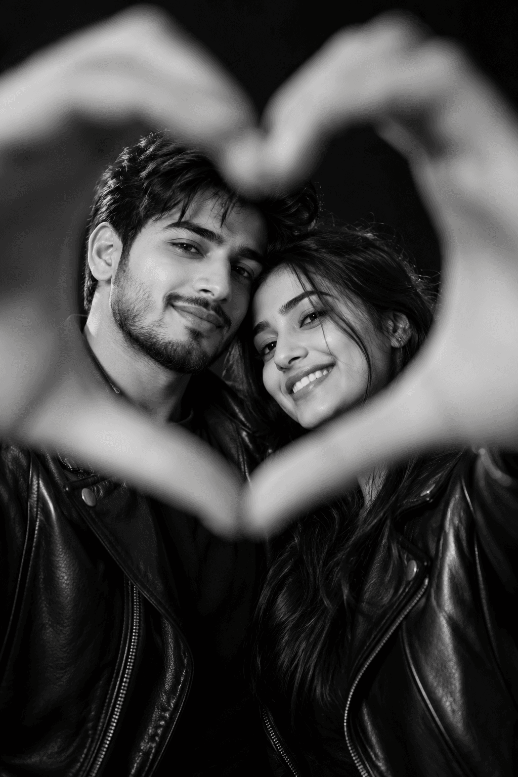 Smiling couple in black leather jackets framed by heart-shaped hands in a dramatic black-and-white studio portrait.