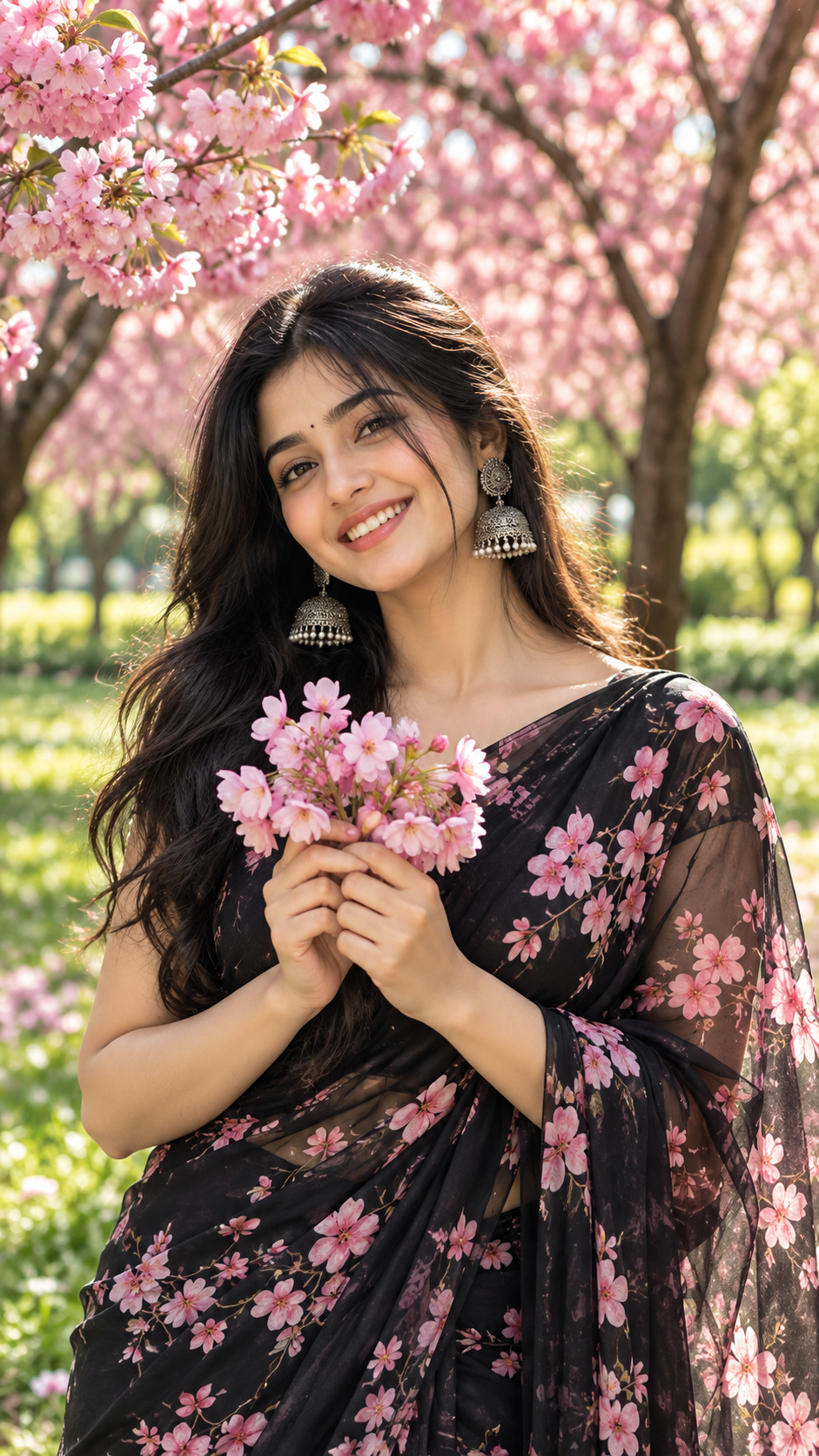 Smiling South Asian woman in a black floral sari holding pink cherry blossoms beneath blooming trees in a green garden.