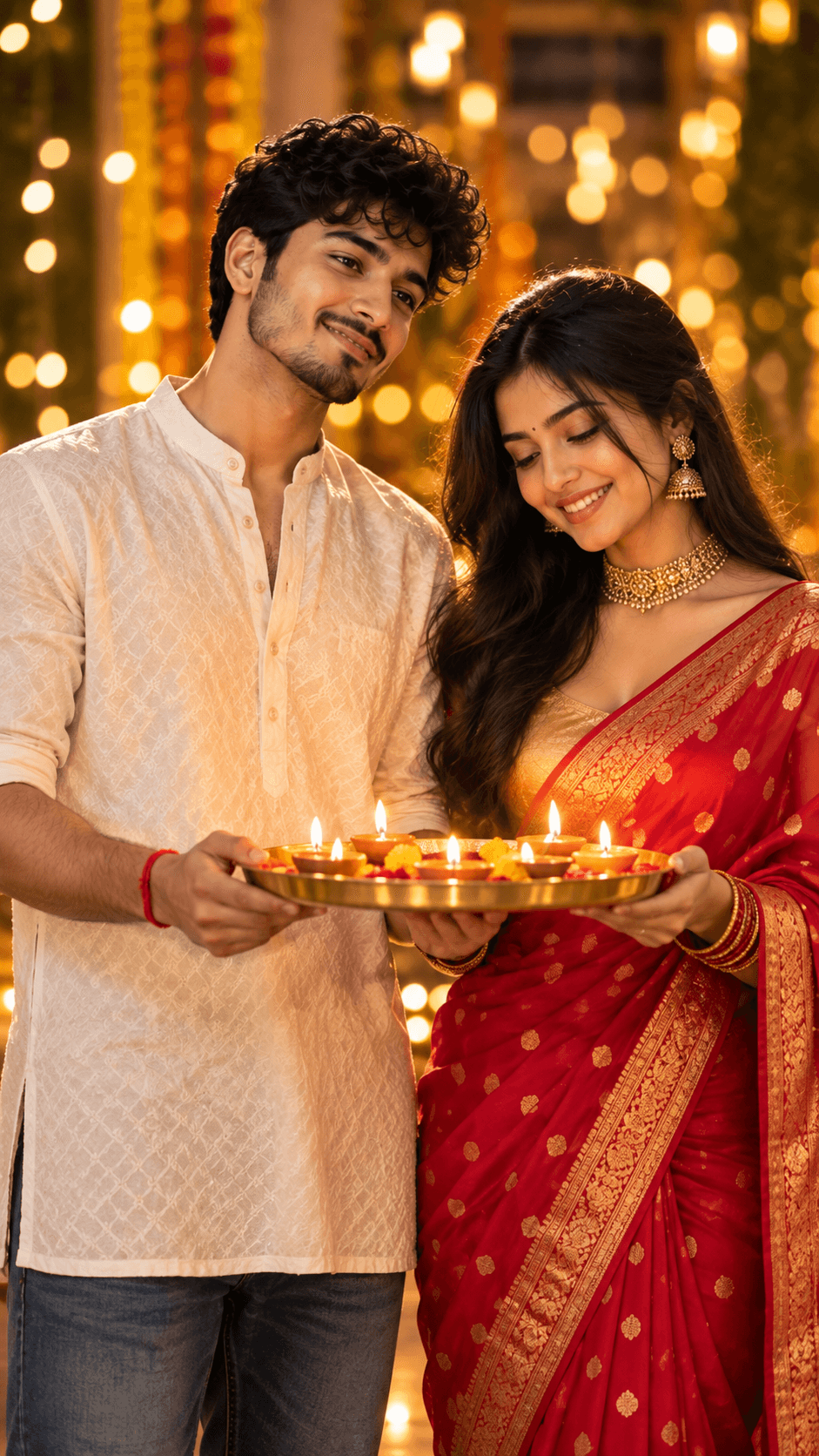 Smiling Indian couple in a white kurta and red gold-detailed saree holding a glowing gold tray of diyas.