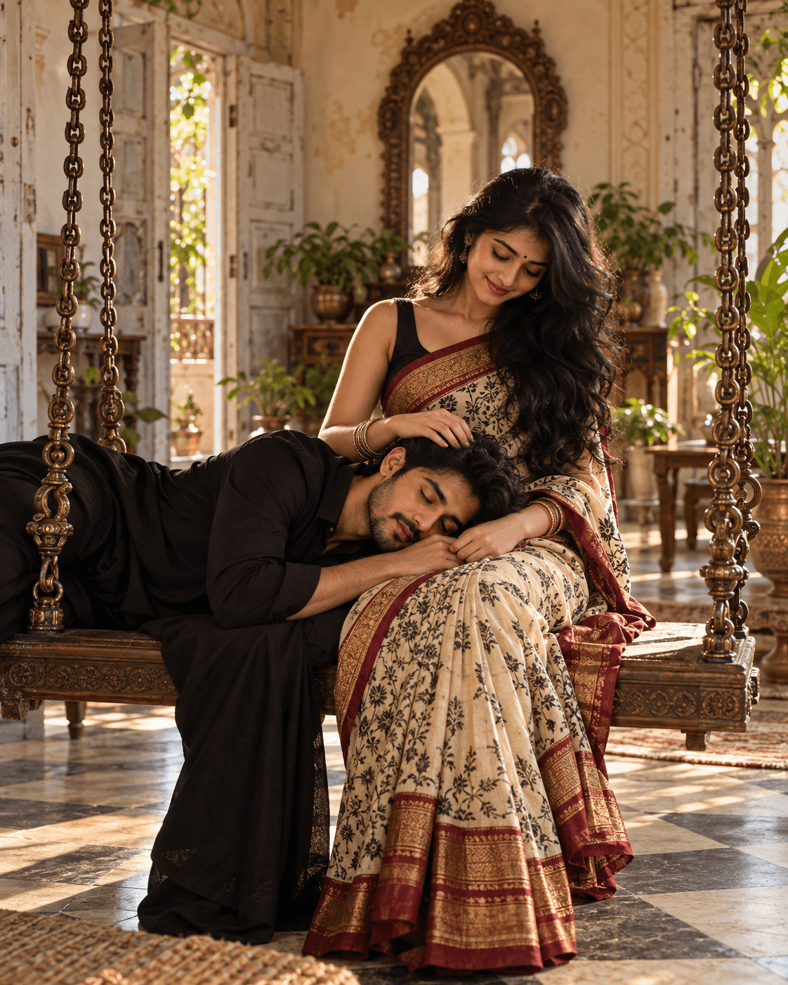 Indian couple on a rustic wooden swing in a heritage room, woman in cream saree with maroon border and man in black.