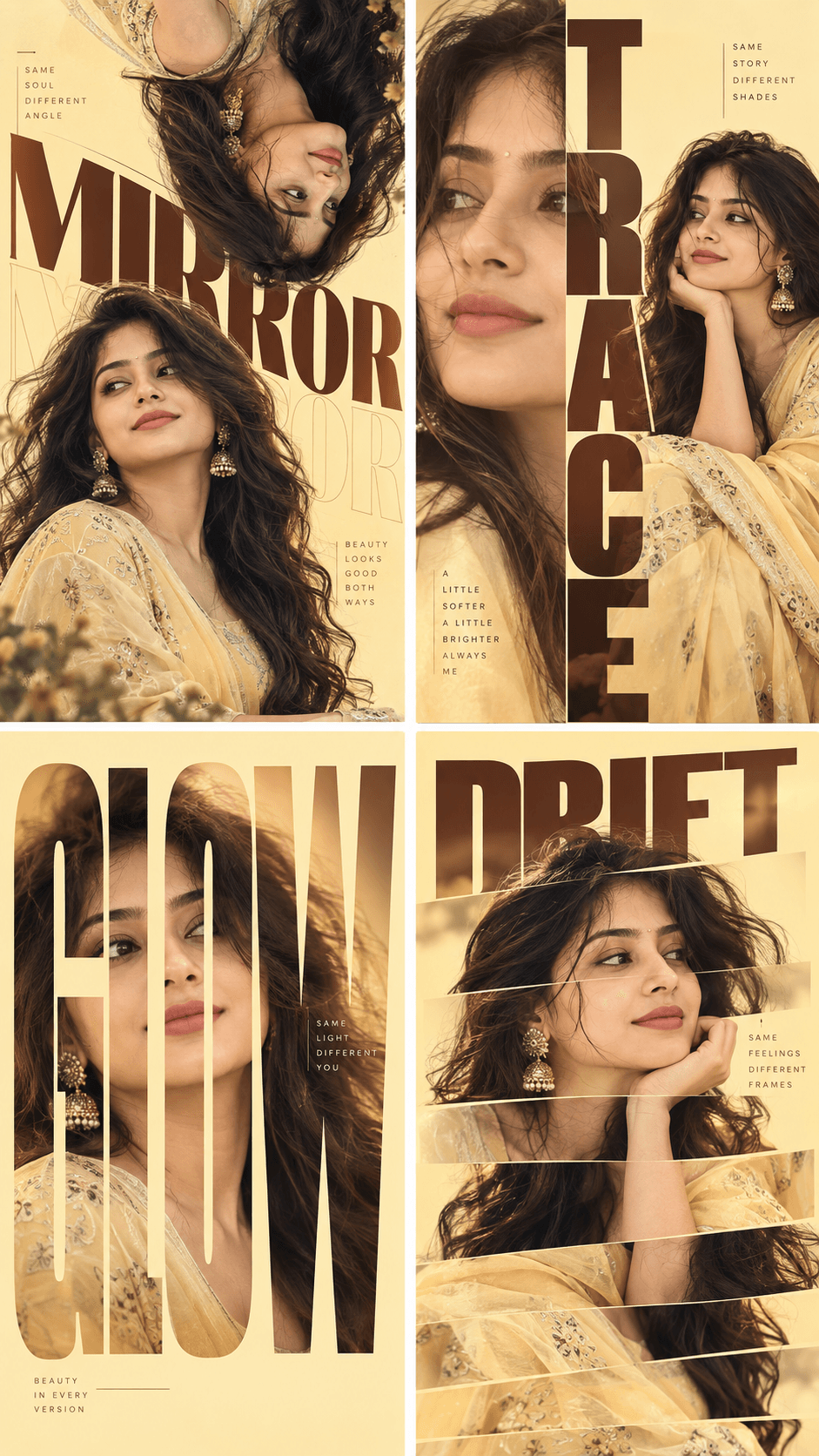 Four fashion editorial posters featuring a mature long-haired woman in butter yellow, cream and deep cocoa brown layouts.