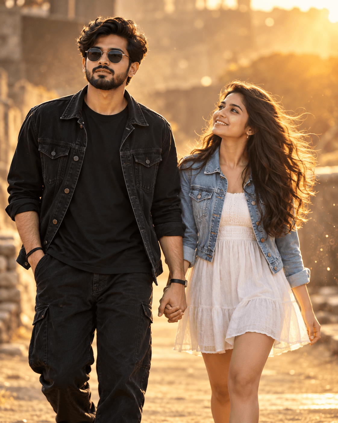 Indian couple walking hand in hand, man in black and woman in a light blue jacket, smiling in warm golden sunlight.