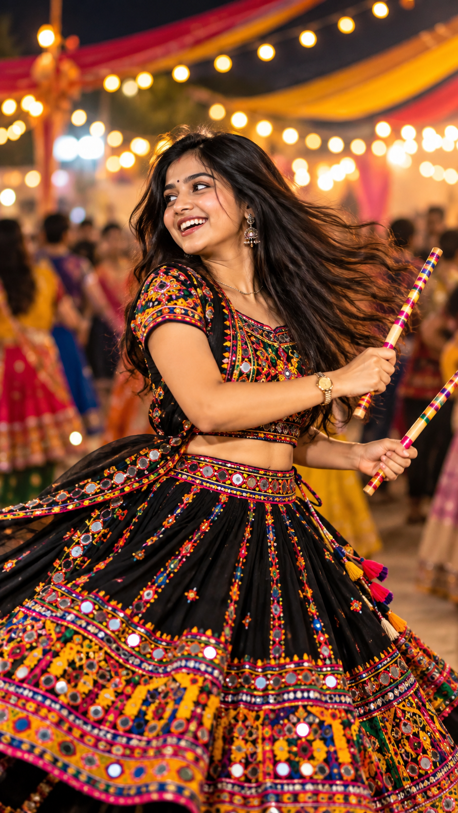 Young woman in a black Gujarati Chaniya Choli dancing with Dandiya sticks under warm festival lights