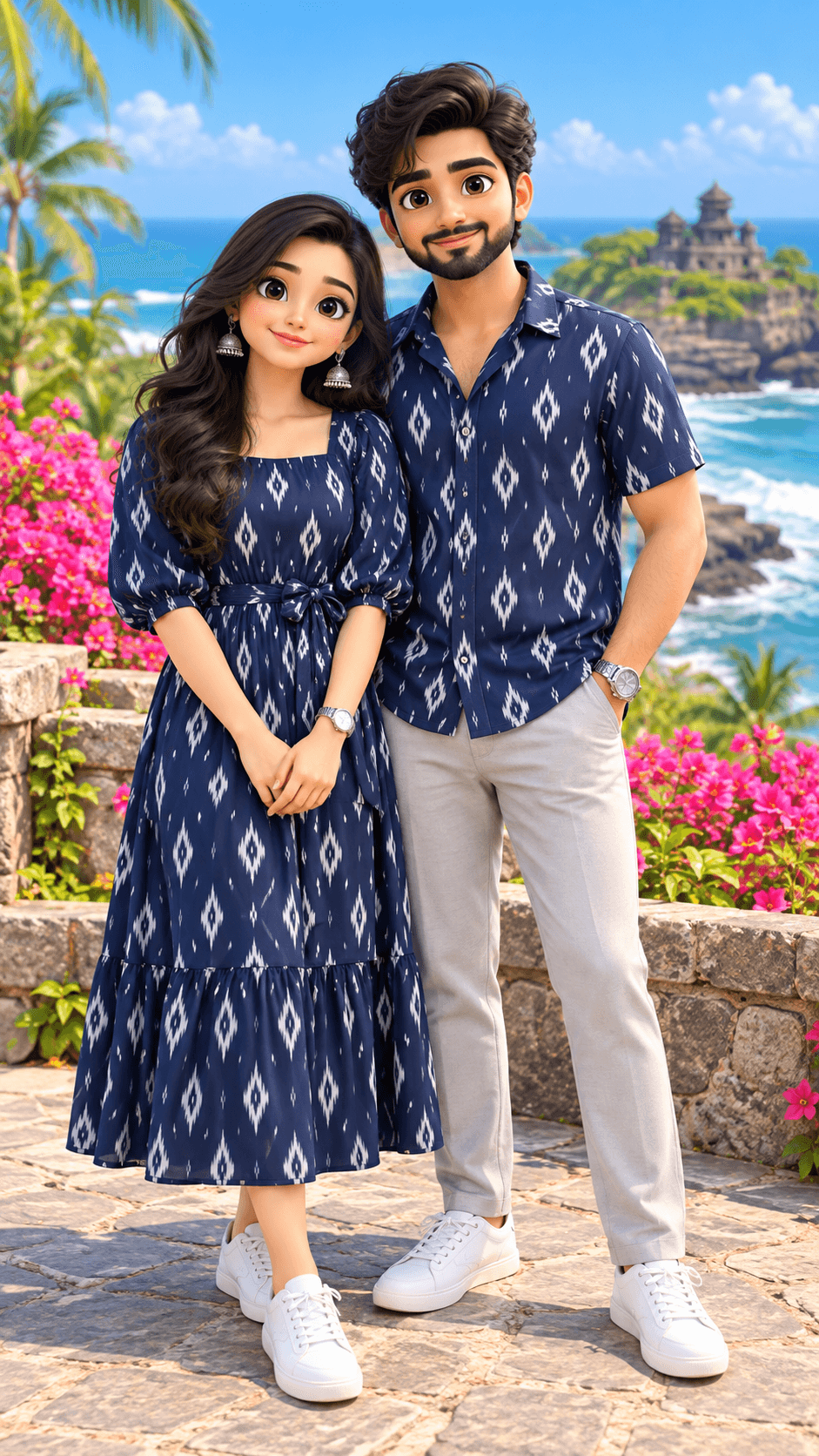 Stylized 3D couple in navy outfits smiling beside pink bougainvillea with a blue ocean and coastal temple behind them.
