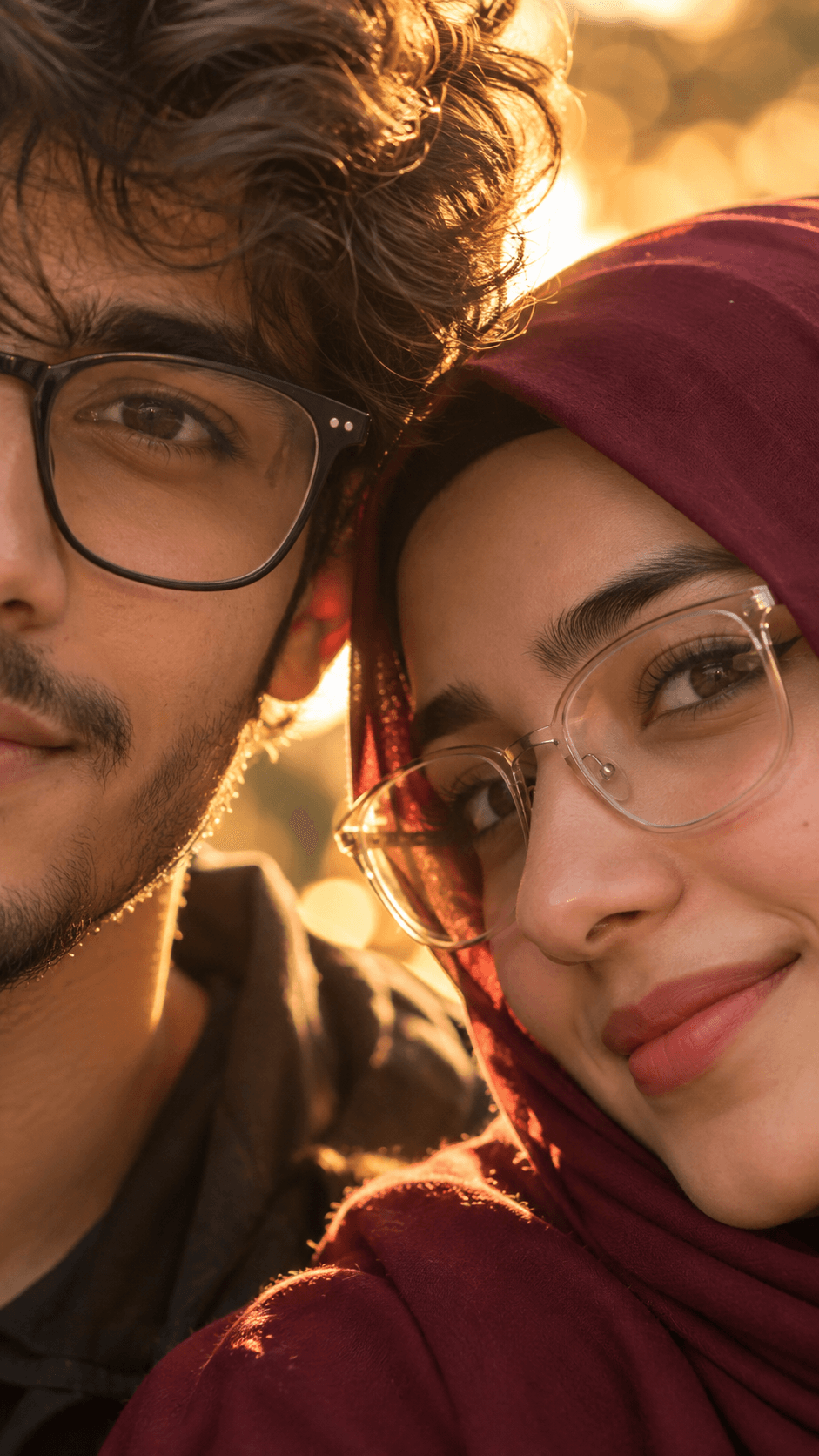 Close-up of a boy with glasses and a girl in a maroon hijab, faces touching in warm golden light with a bokeh background.