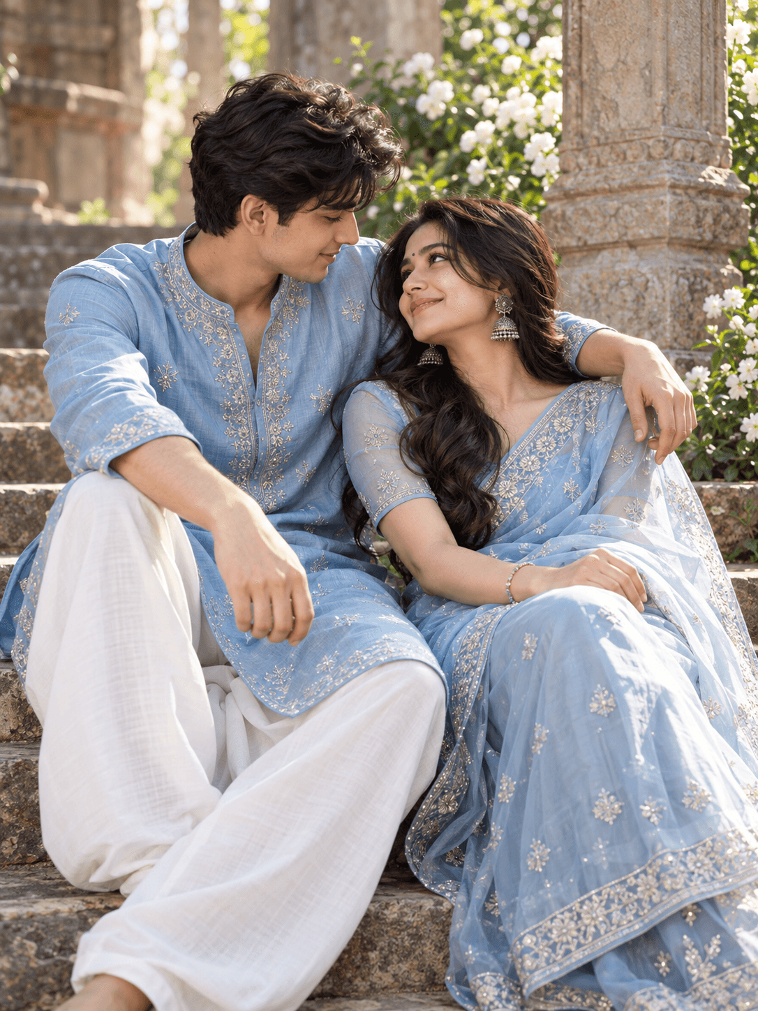 Young South Asian couple in blue ethnic outfits sitting on rustic stone steps beside a flowering garden.