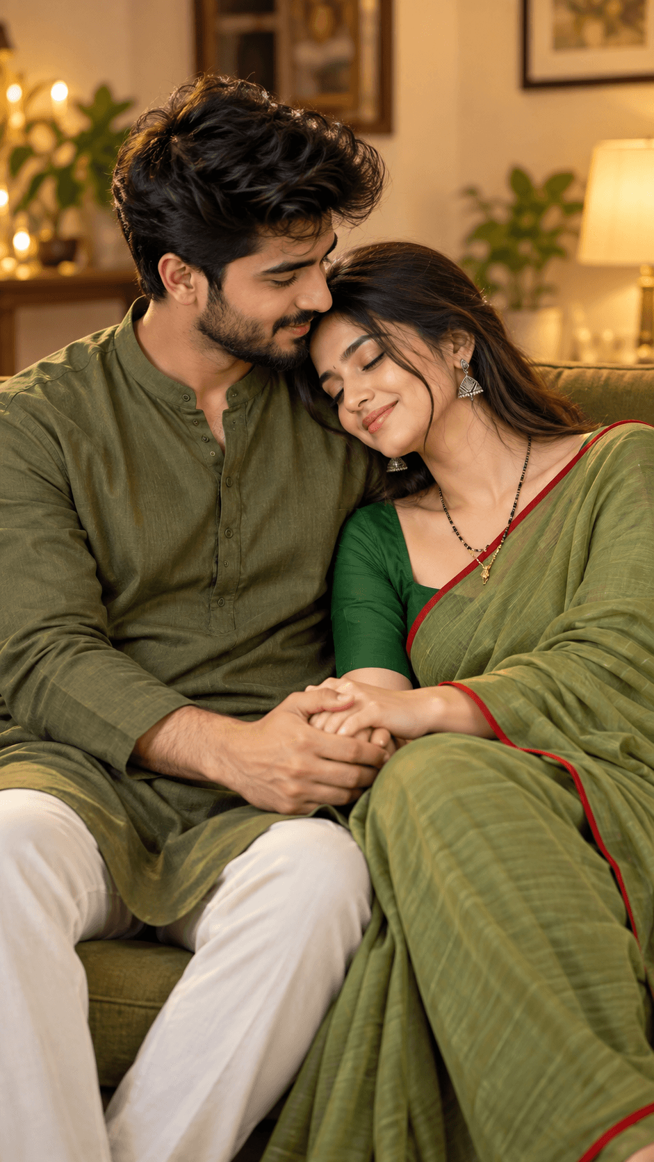 South Asian couple sitting closely on an olive-green sofa in coordinated green outfits with a softly blurred living room.