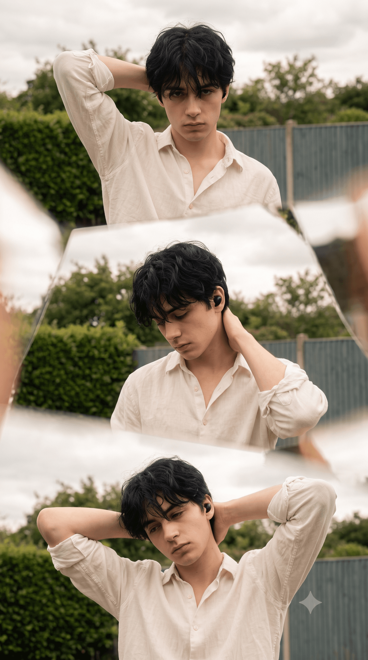 Three-panel collage of a young man in a loose white linen shirt posing in a lush green garden with vintage film tones.