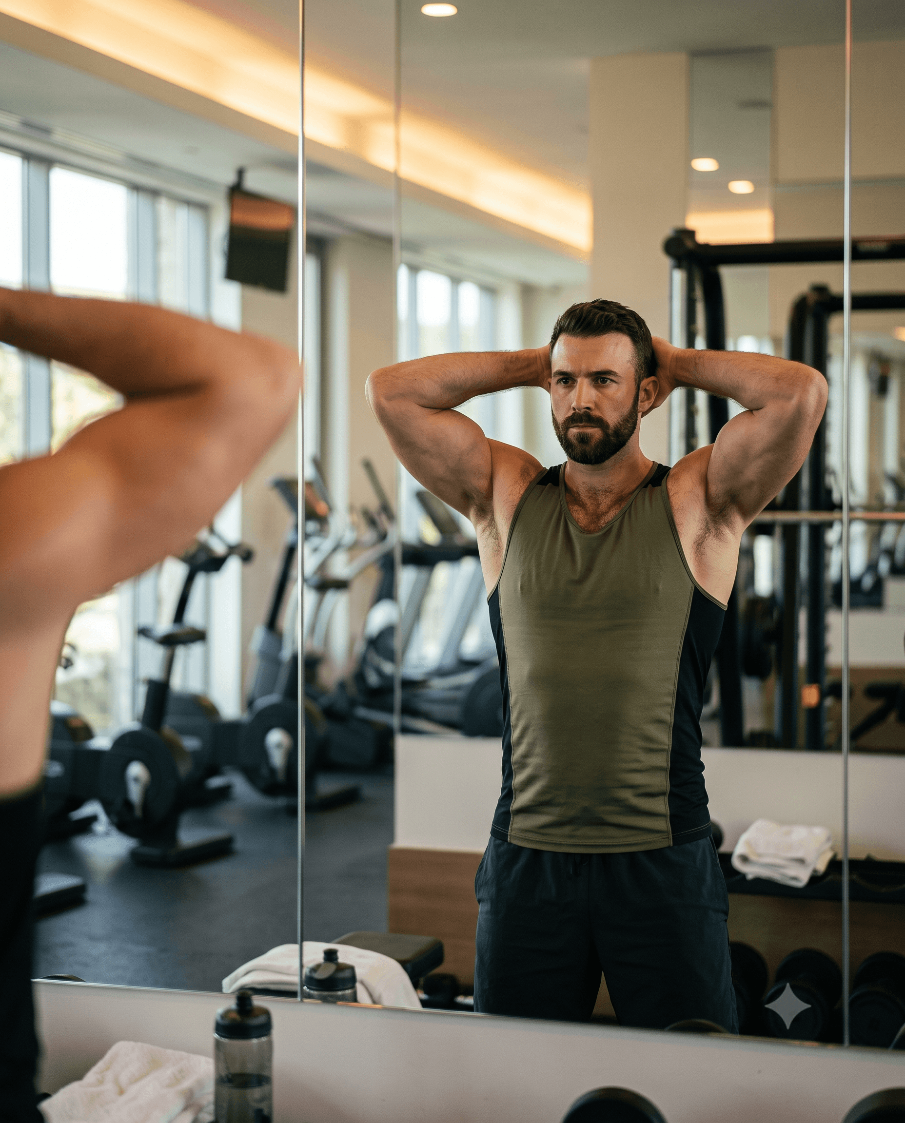 Bearded athletic man in olive and black tank top posing with hands behind head in front of a gym mirror
