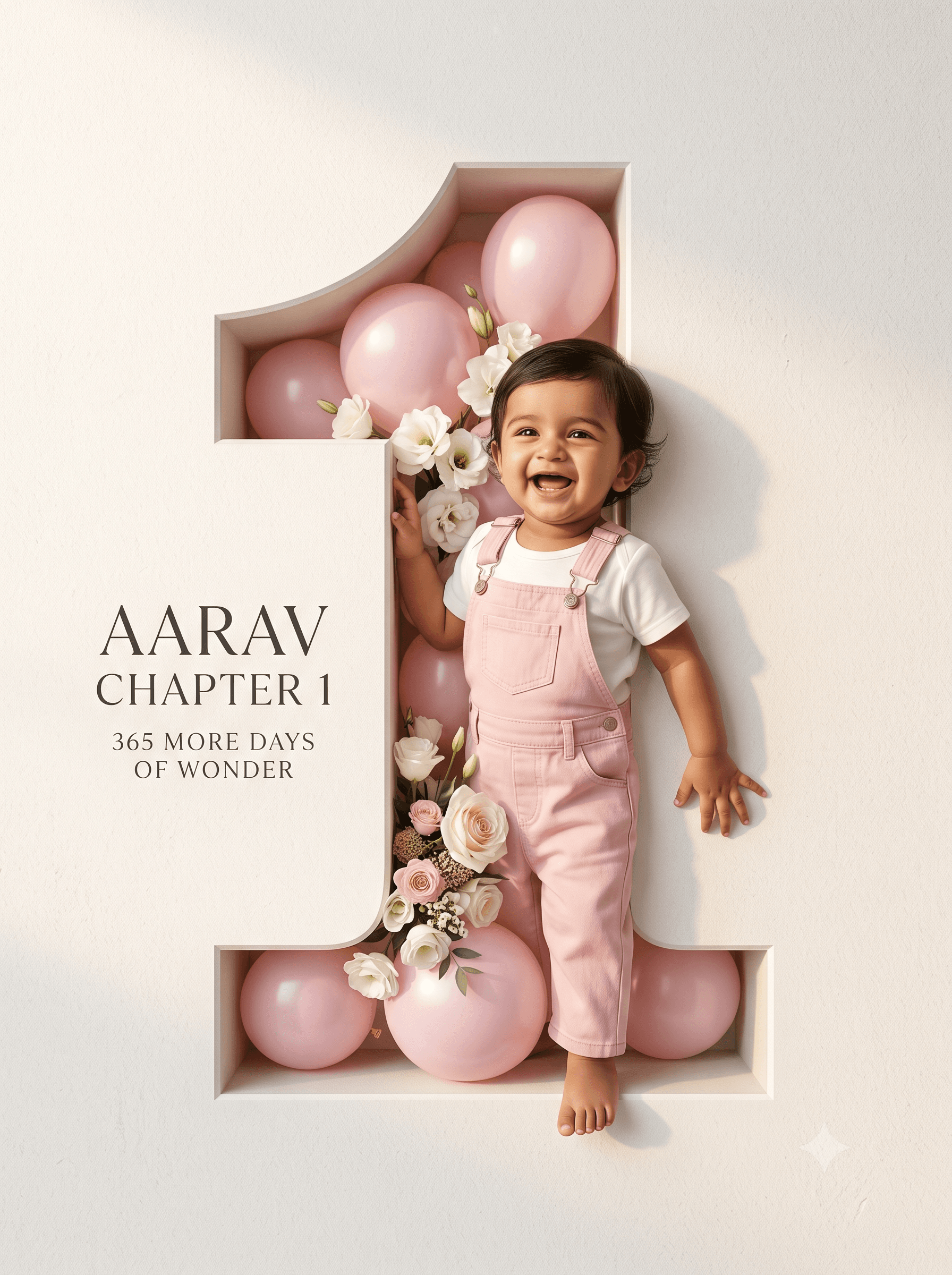 Child popping out of a 3D carved number wall filled with pastel pink balloons and flowers for a luxury birthday poster
