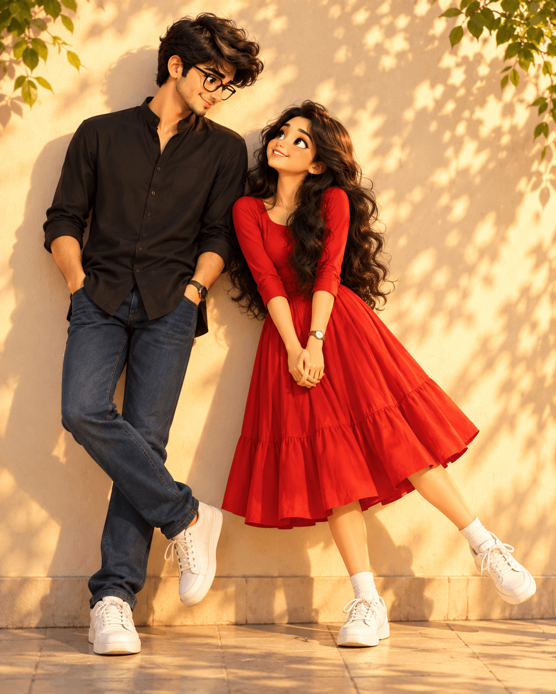 Cute 3D Indian couple in black and red outfits standing playfully against a cream wall with warm sunlight