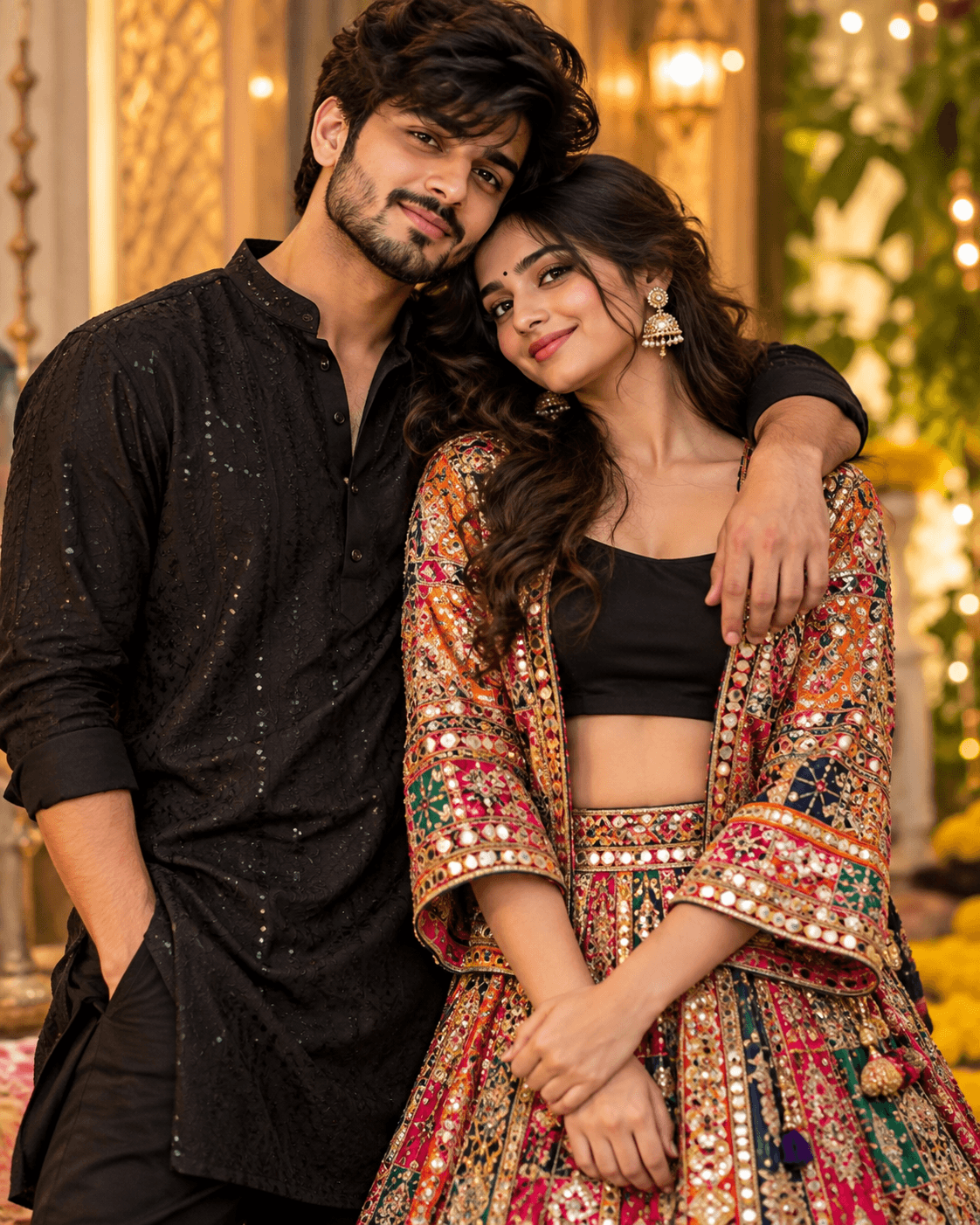 Indian couple posing romantically with the woman wearing an embroidered Indo-fusion jacket and colourful ethnic skirt.