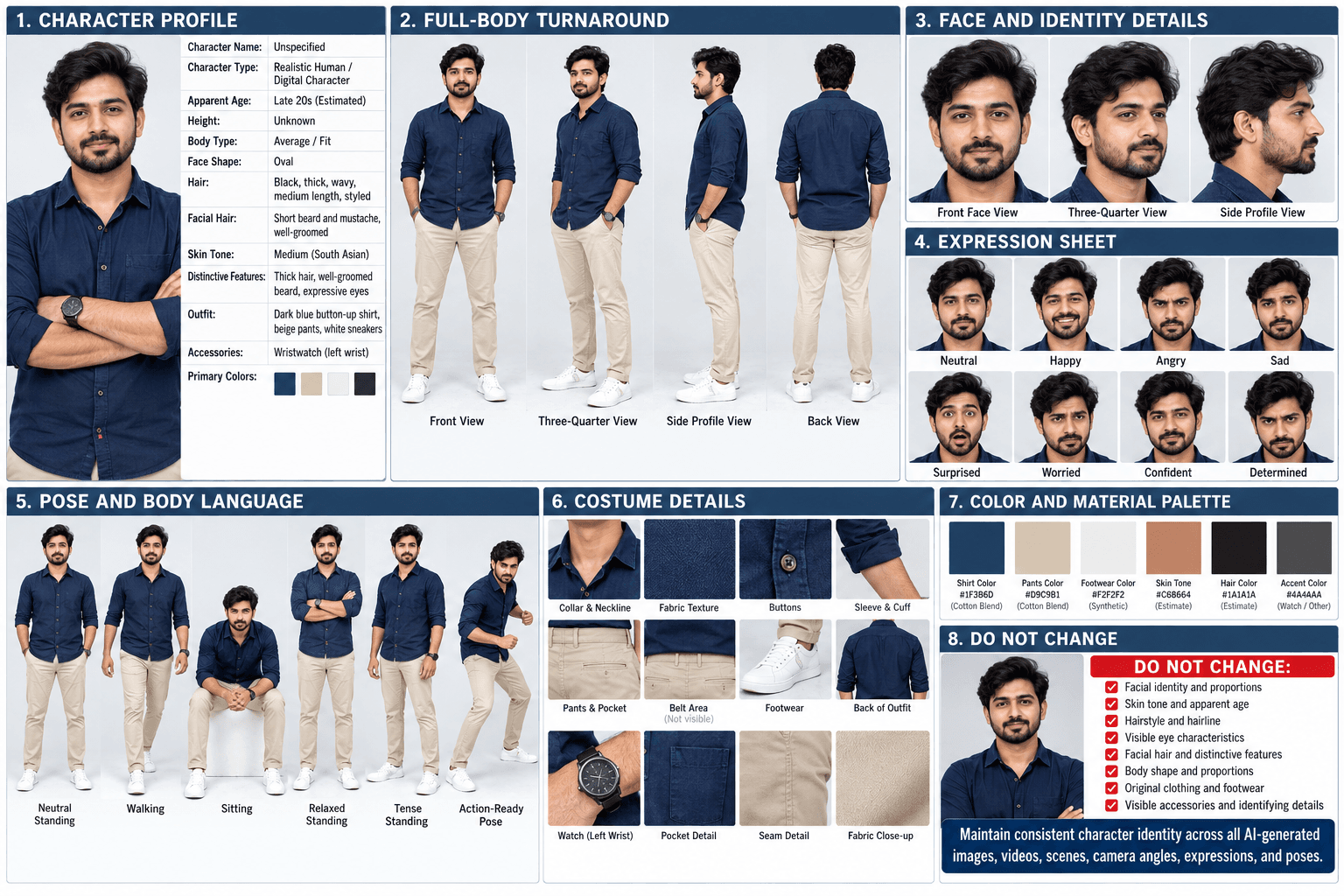 Professional character reference sheet showing full-body views, facial expressions, poses, clothing details, and a colour palette.
