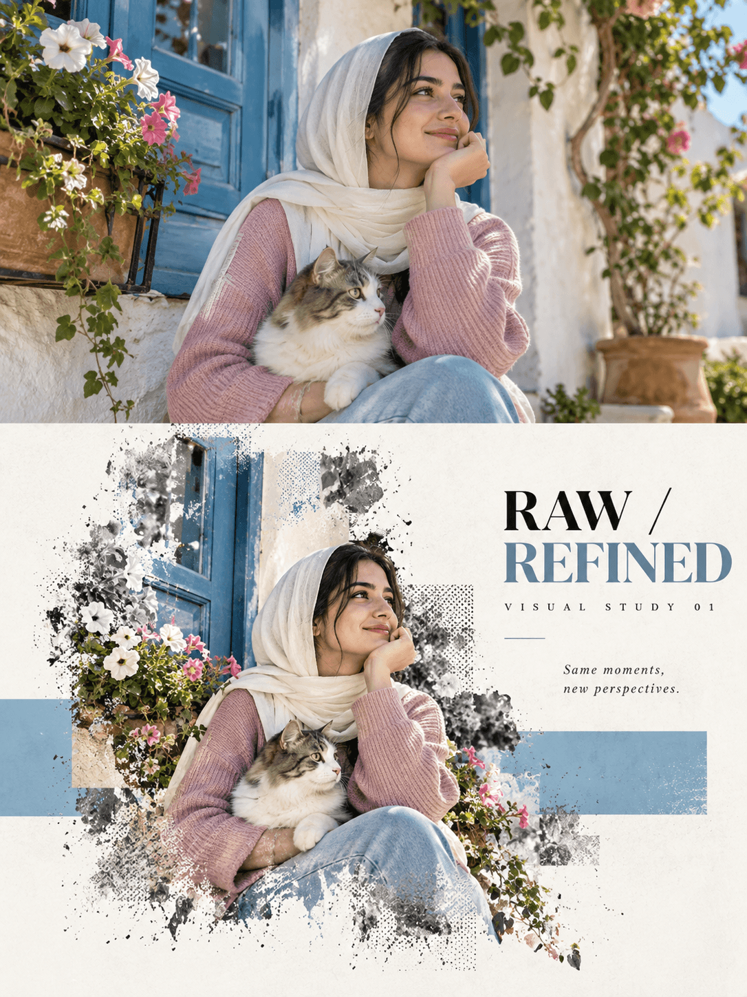 Editorial poster with an original photograph above and a reconstructed subject, geometric colour field and minimal typography below.