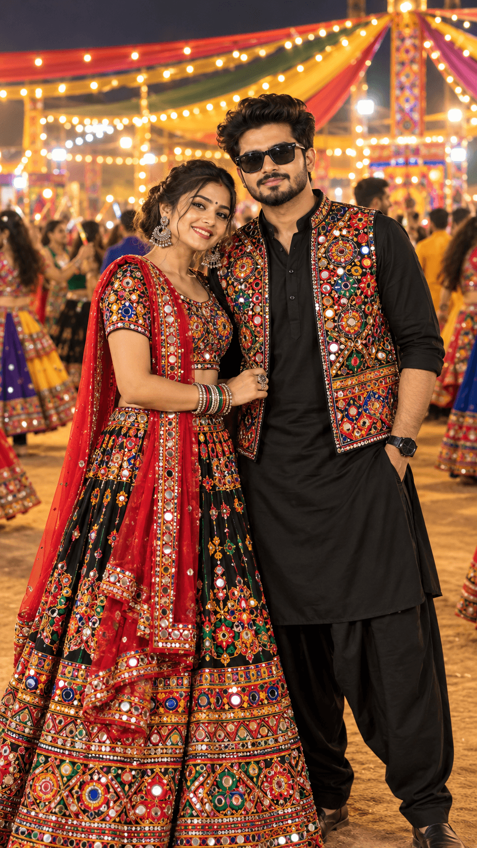 Indian couple in embroidered Gujarati outfits at a Navratri Garba celebration, surrounded by warm golden lights and festive dancers.