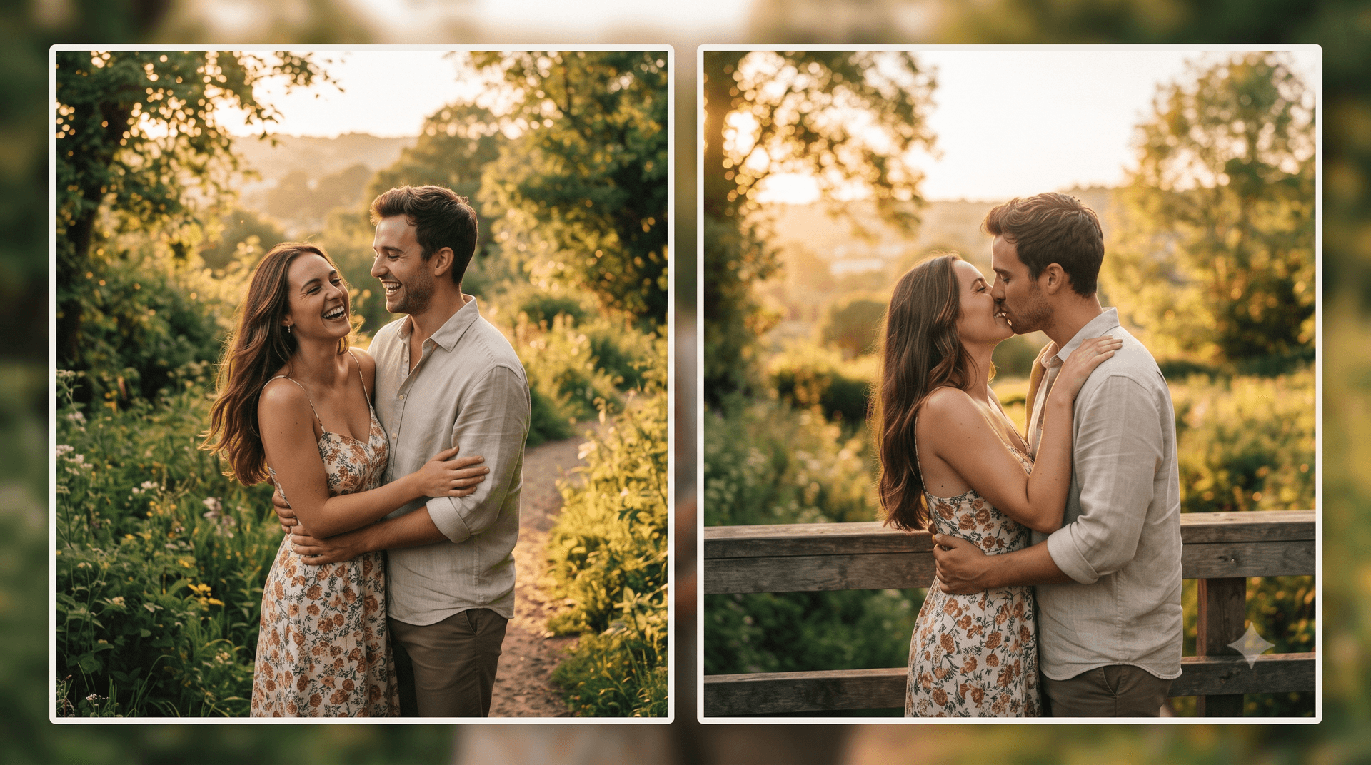 Romantic two-frame couple photo collage with warm golden-hour lighting, green outdoor background, and a torn paper strip. (121 characters)