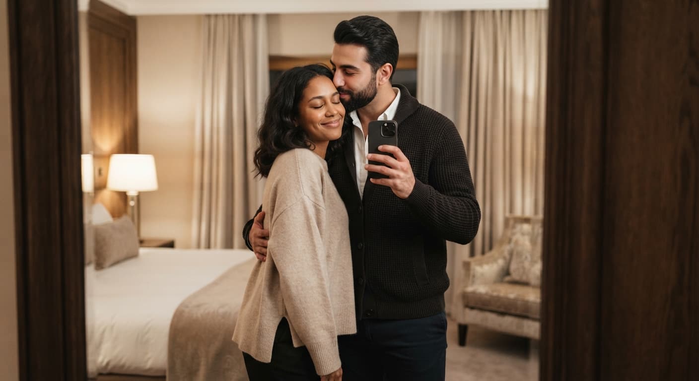 A realistic mirror selfie of a couple inside a modern, minimalist bedroom with warm ambient lighting.