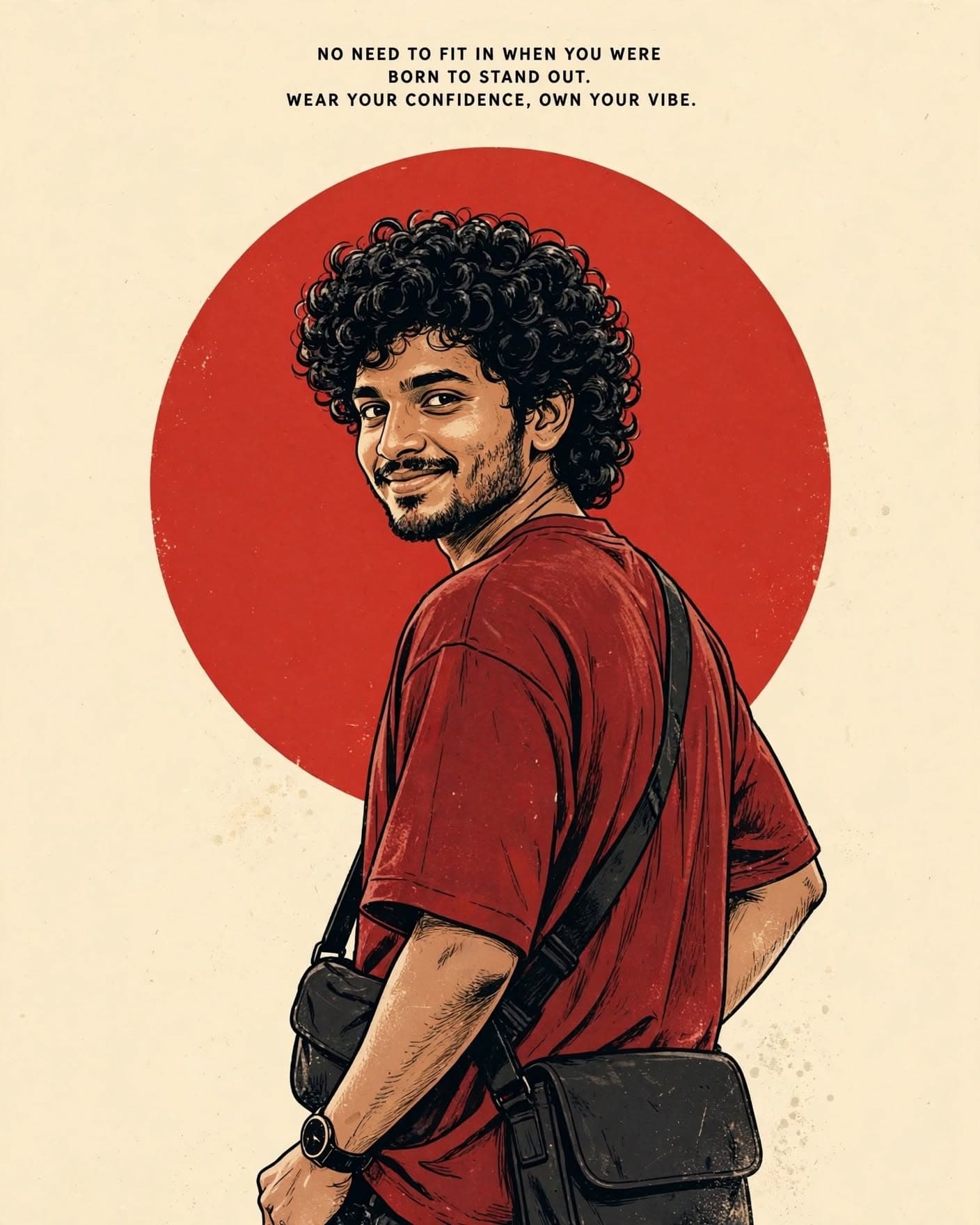 Retro man with curly black hair, beard, red T-shirt, black bag, cream background, bold red circle and top quote