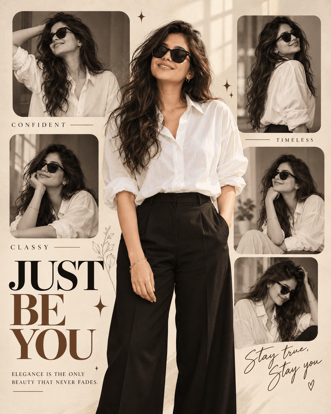 Fashion poster with a woman in a white shirt and black trousers, sepia portrait panels, and bold “JUST BE YOU” lettering