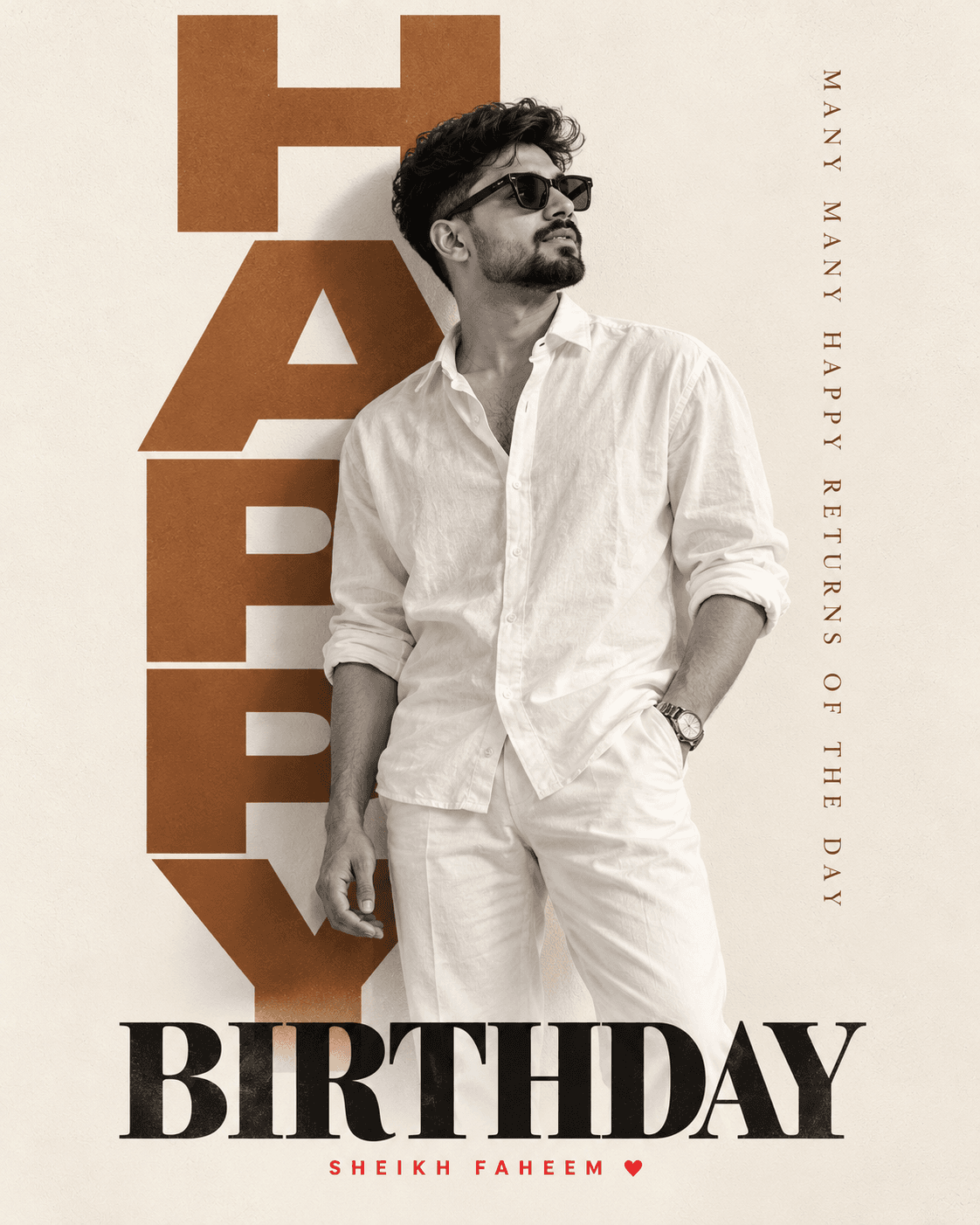 Minimalist birthday poster with a monochrome man in white clothing, oversized caramel HAPPY lettering, black BIRTHDAY text and a red name accent.