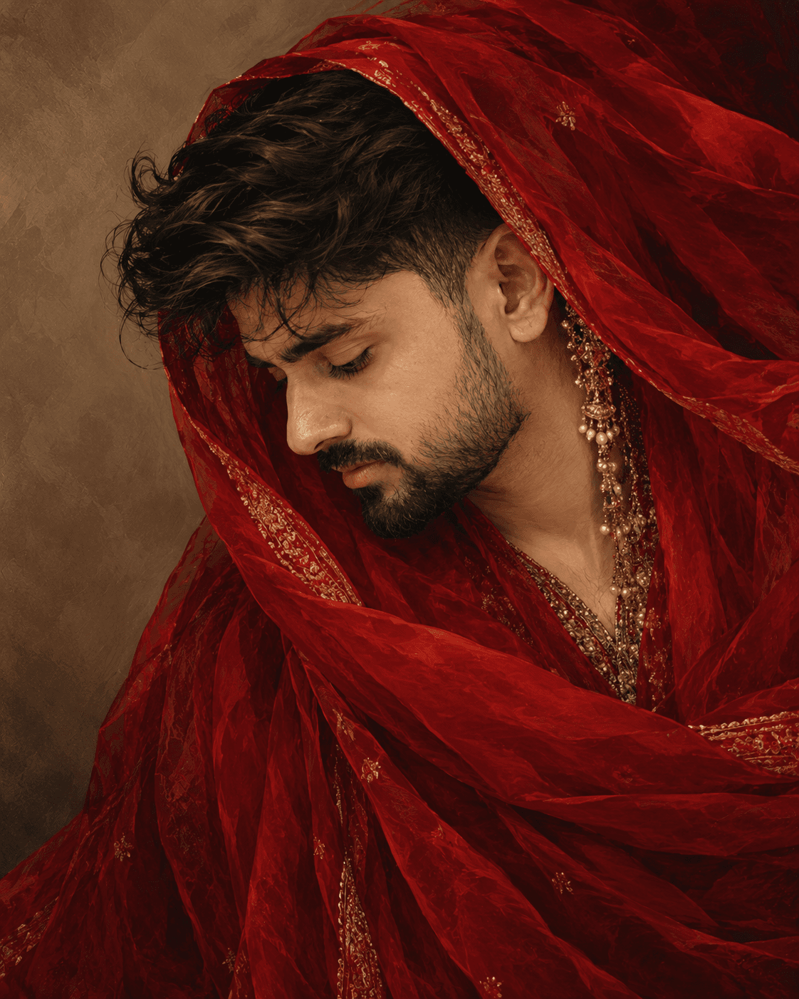 Painterly portrait of a person with a bowed head framed by flowing crimson fabric, gold traditional jewellery and a muted taupe background.