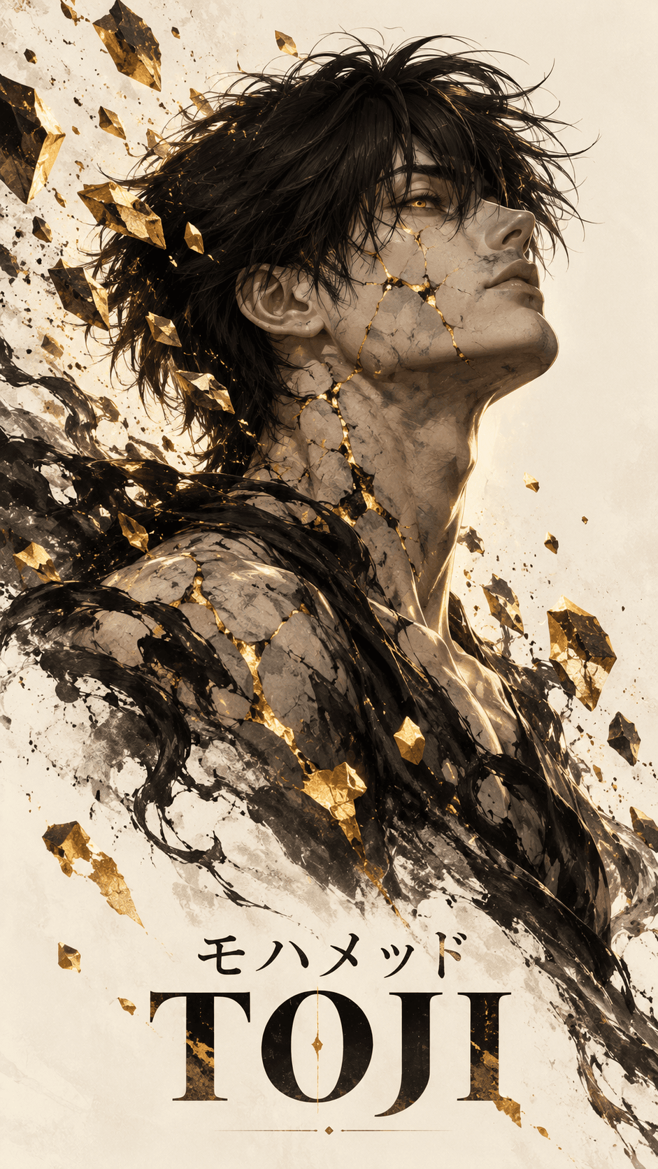 Anime poster of Toji Fushiguro with spiky black hair, glowing gold eyes, golden cracks, ink-wash effects and Japanese typography.
