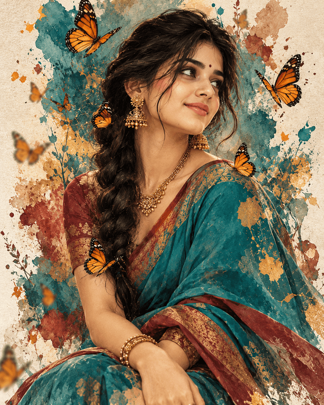 Indian woman in a teal and maroon saree with gold jewellery, a braided hairstyle, orange butterflies and a textured watercolor background.