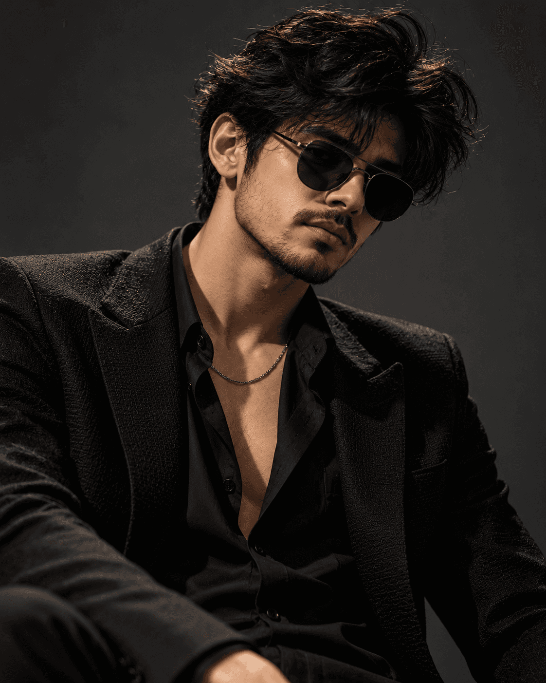 Young man in a textured black suit, round black sunglasses and silver chain against a dark charcoal studio background.
