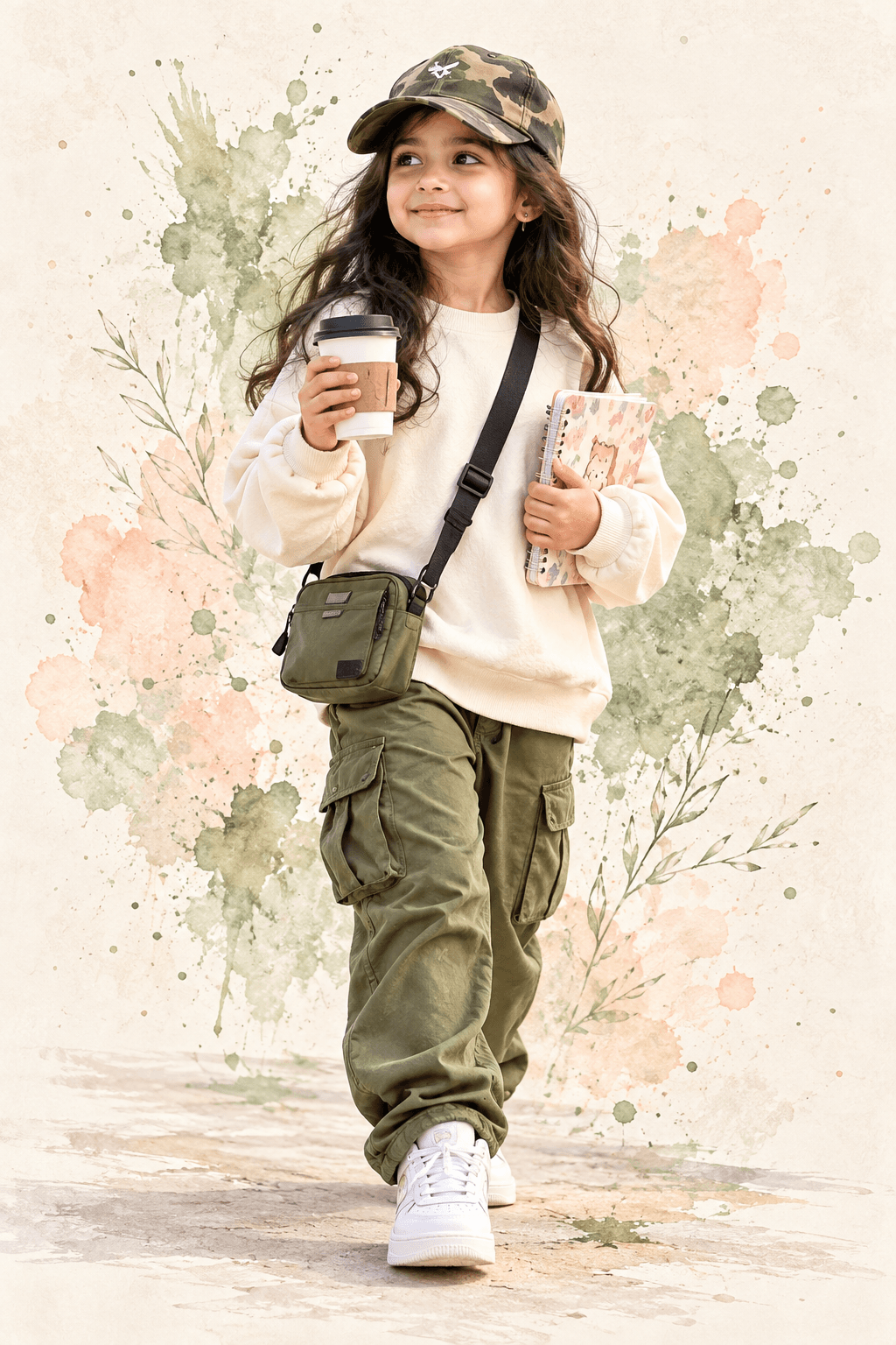 Full-body girl in a cream sweatshirt, olive cargo pants, white sneakers and camouflage cap against a watercolor background.