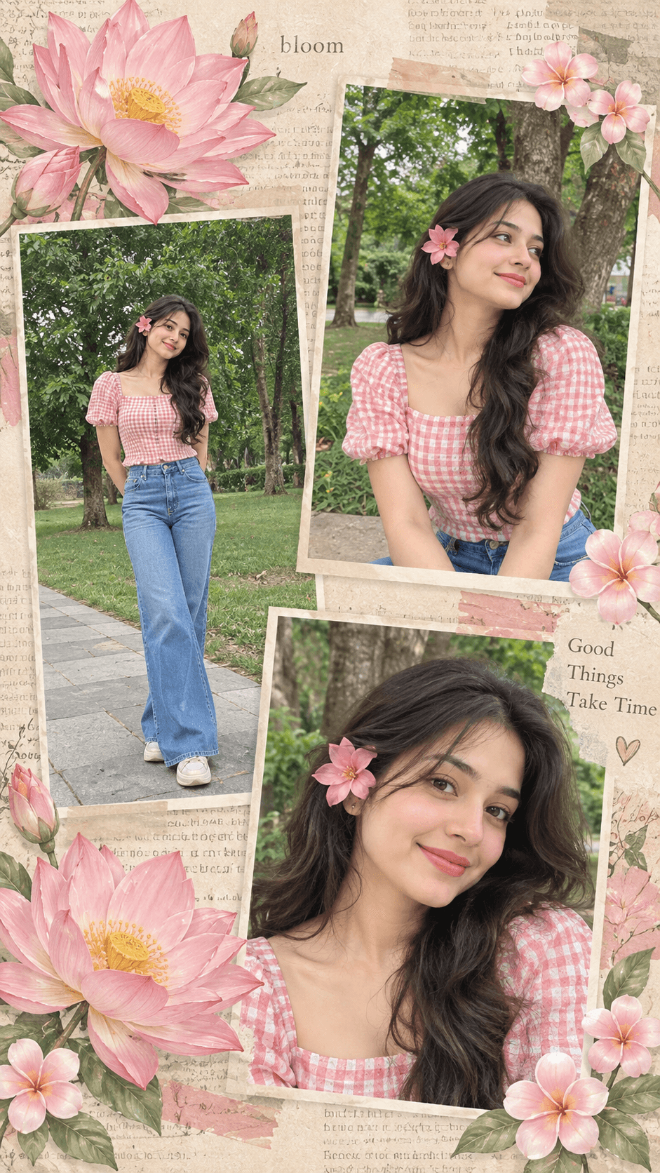 Three outdoor portraits of a young woman in a pink gingham top and blue jeans, arranged with pink flowers on a beige scrapbook background.